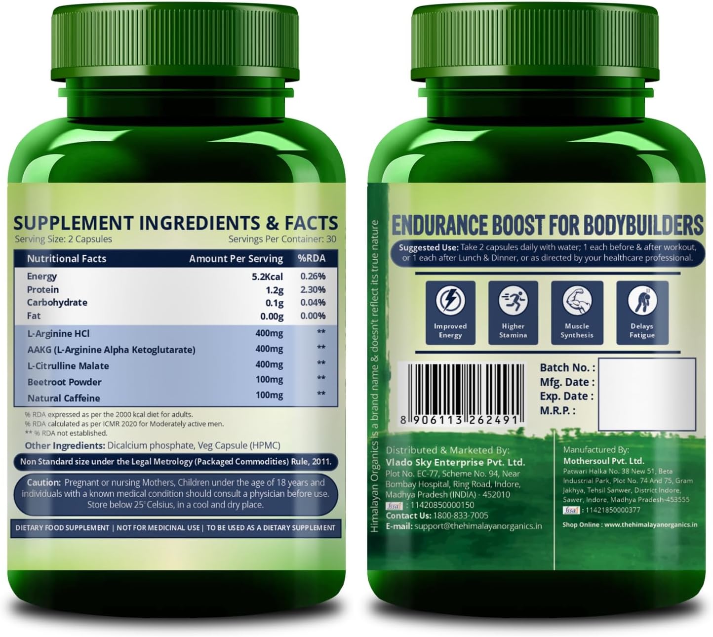 مکمل نیتریک اکساید و پمپ عضلانی HIMALAYAN ORGANICS، 1400 میلی‌گرم، 60 کپسول