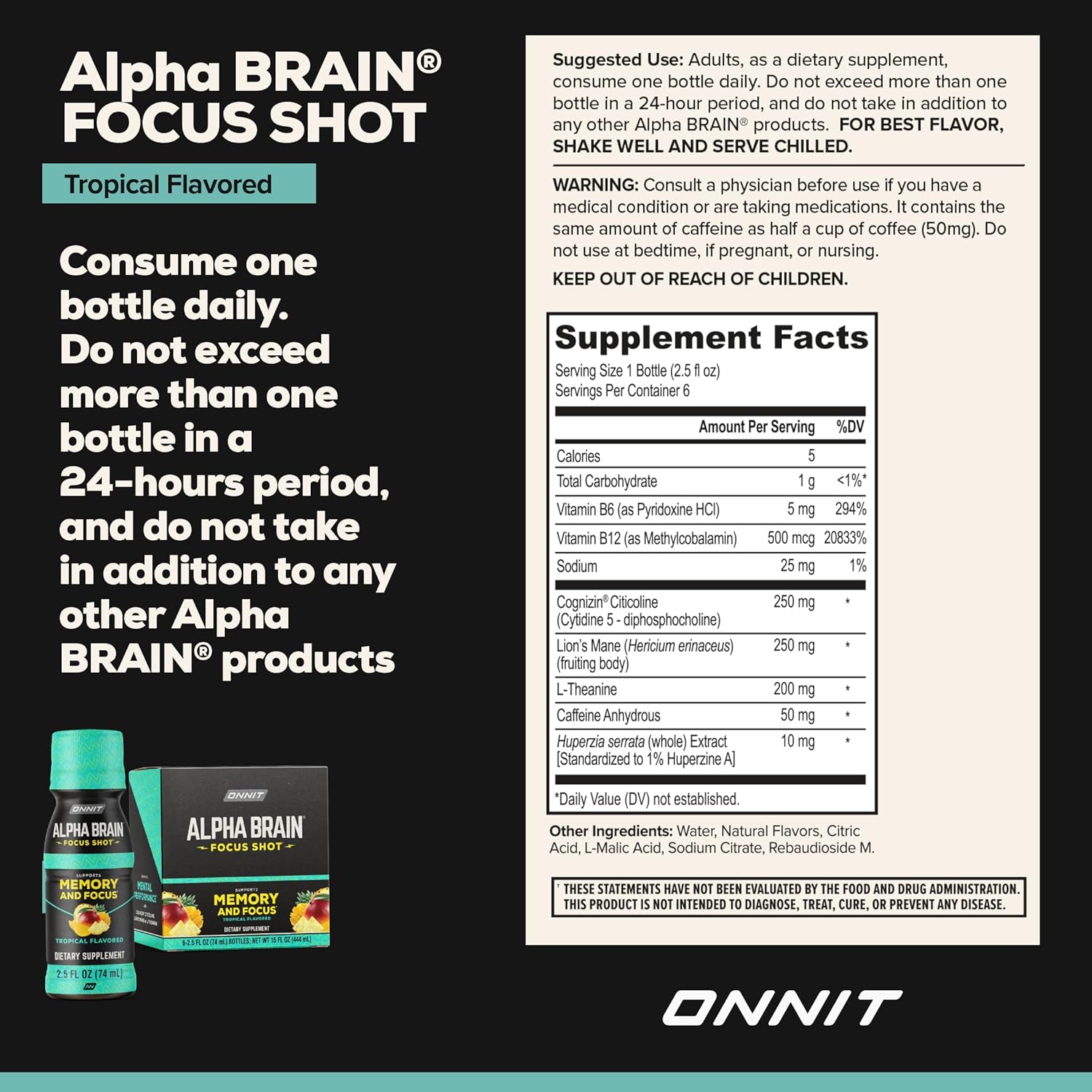 نوشیدنی نوتروپیک انرژی و تمرکز ONNIT مدل Alpha BRAIN، 2.5 اونس مایع، 6 عدد، طعم استوایی