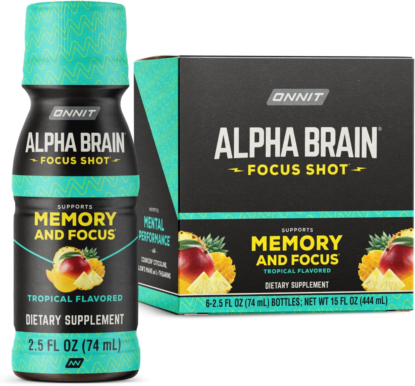 نوشیدنی نوتروپیک انرژی و تمرکز ONNIT مدل Alpha BRAIN، 2.5 اونس مایع، 6 عدد، طعم استوایی