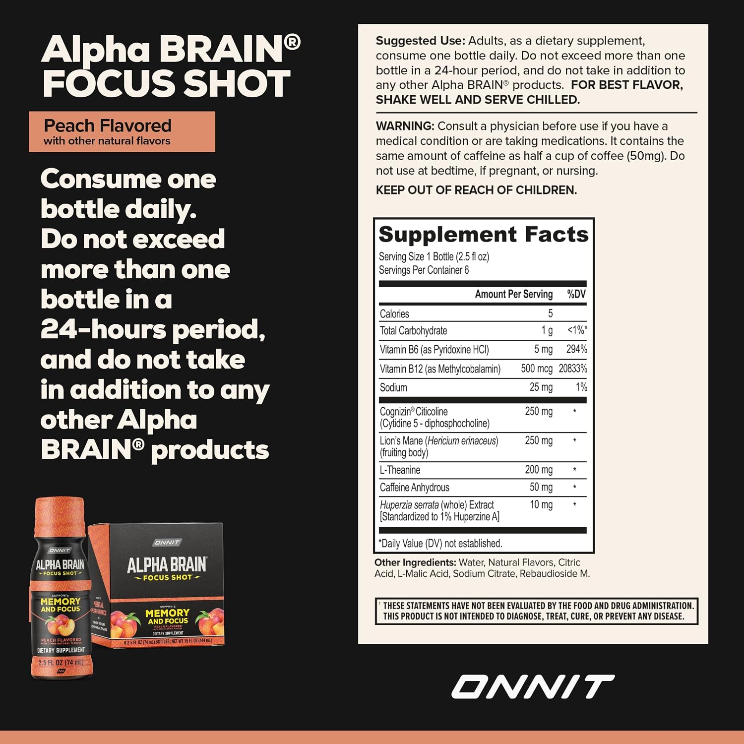 نوشیدنی نوتروپیک انرژی و تمرکز ONNIT مدل Alpha BRAIN، 2.5 اونس مایع، 6 عدد، طعم هلو