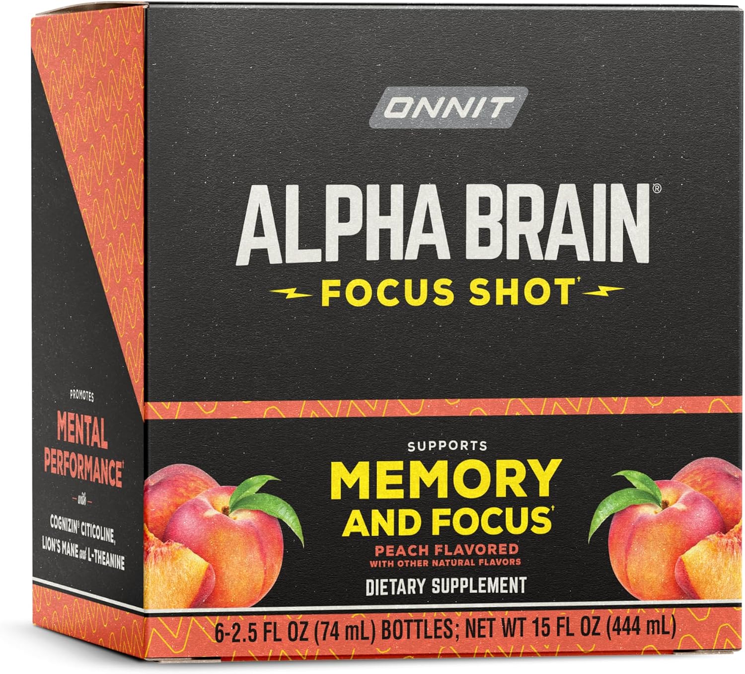 نوشیدنی نوتروپیک انرژی و تمرکز ONNIT مدل Alpha BRAIN، 2.5 اونس مایع، 6 عدد، طعم هلو