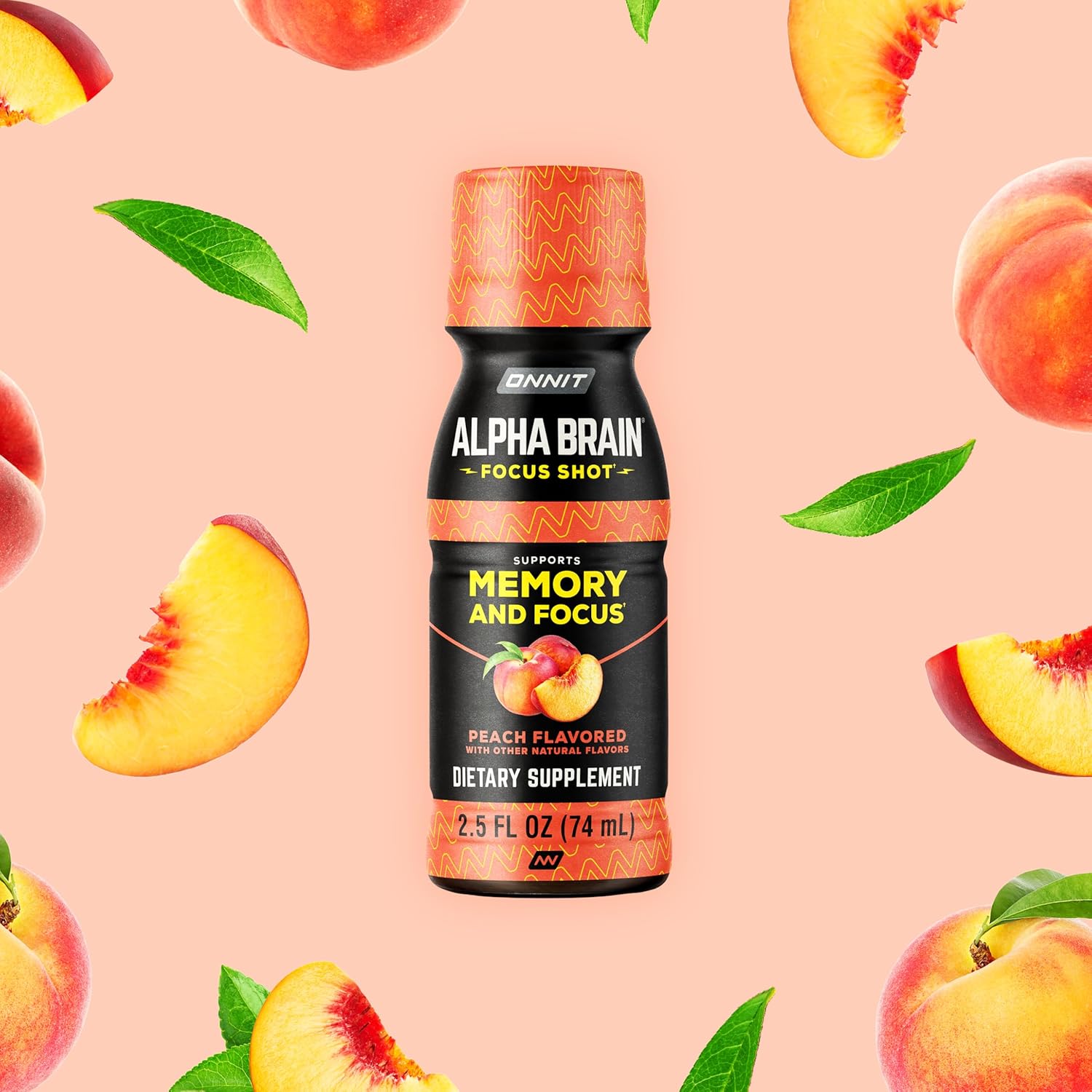 نوشیدنی نوتروپیک انرژی و تمرکز ONNIT مدل Alpha BRAIN، 2.5 اونس مایع، 6 عدد، طعم هلو