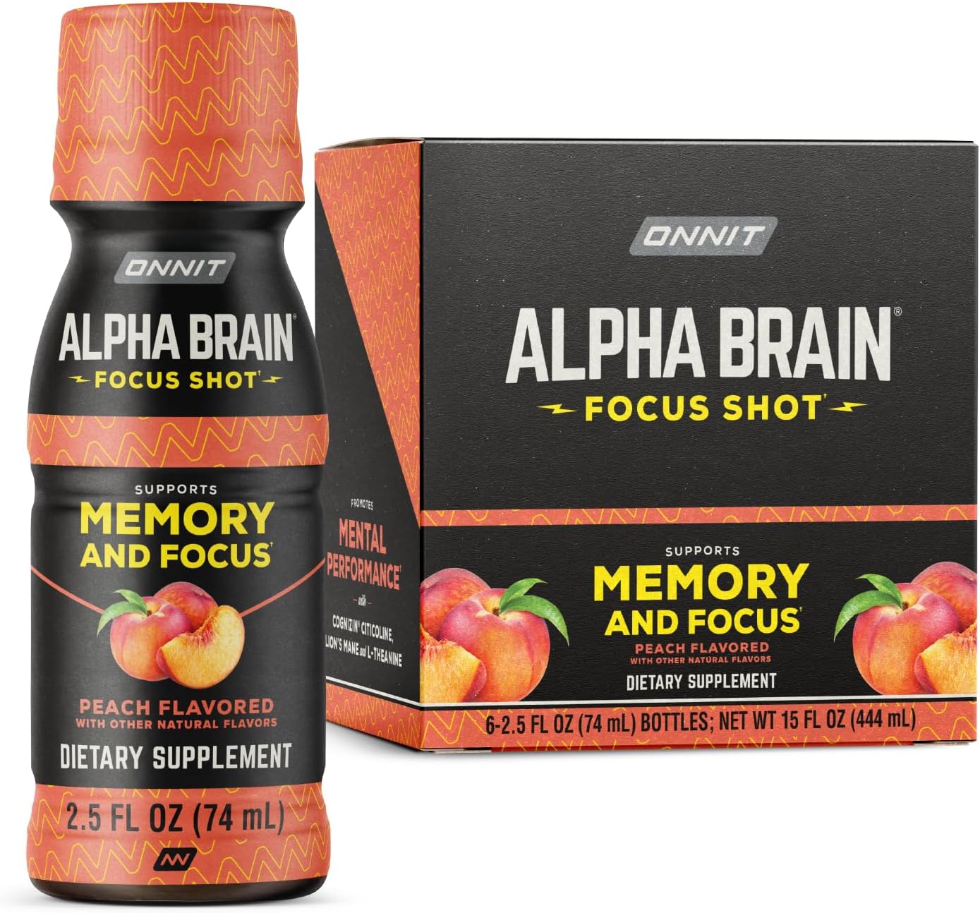 نوشیدنی نوتروپیک انرژی و تمرکز ONNIT مدل Alpha BRAIN، 2.5 اونس مایع، 6 عدد، طعم هلو