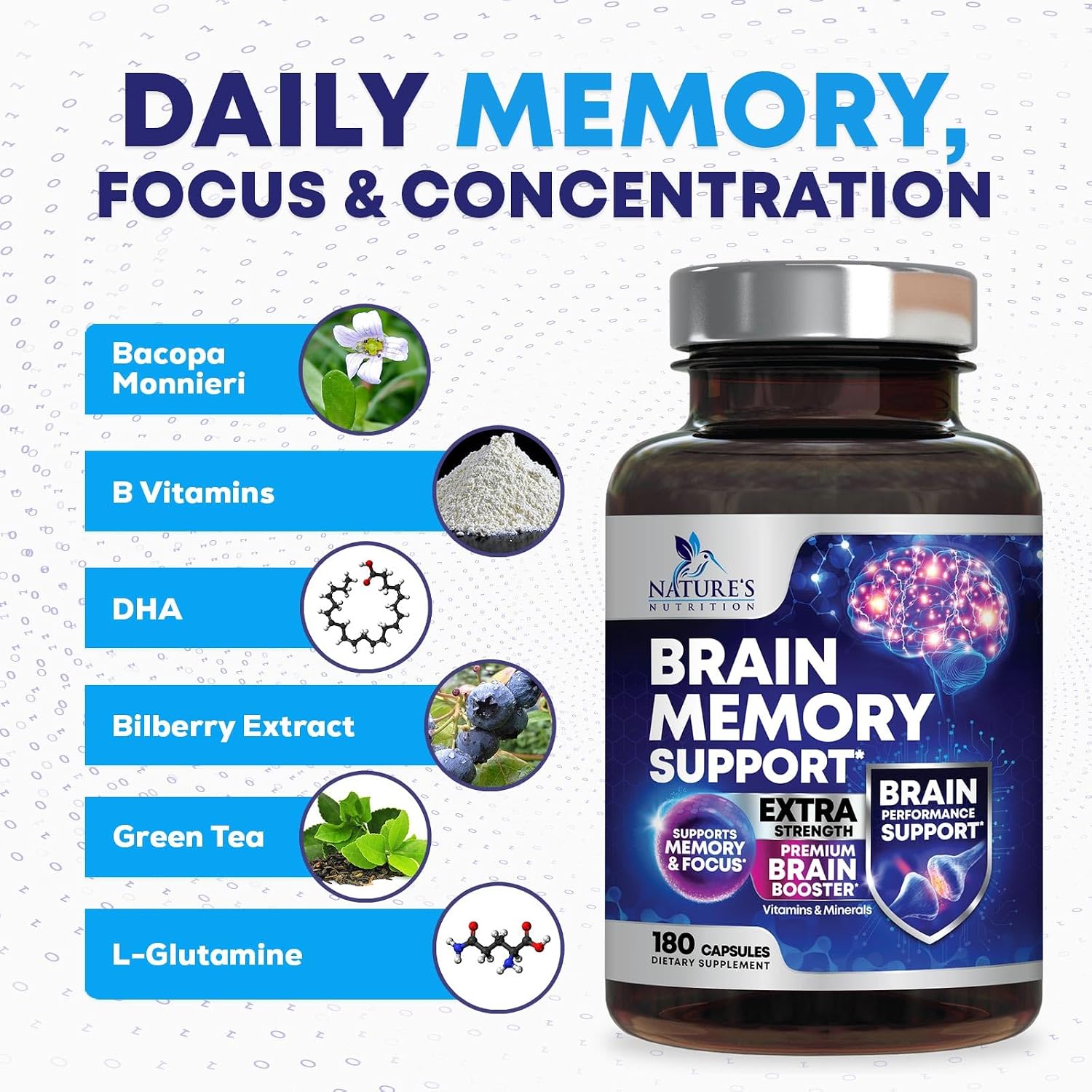 مکمل نوتروپیک حافظه و تمرکز Nature's Nutrition، 180 کپسول