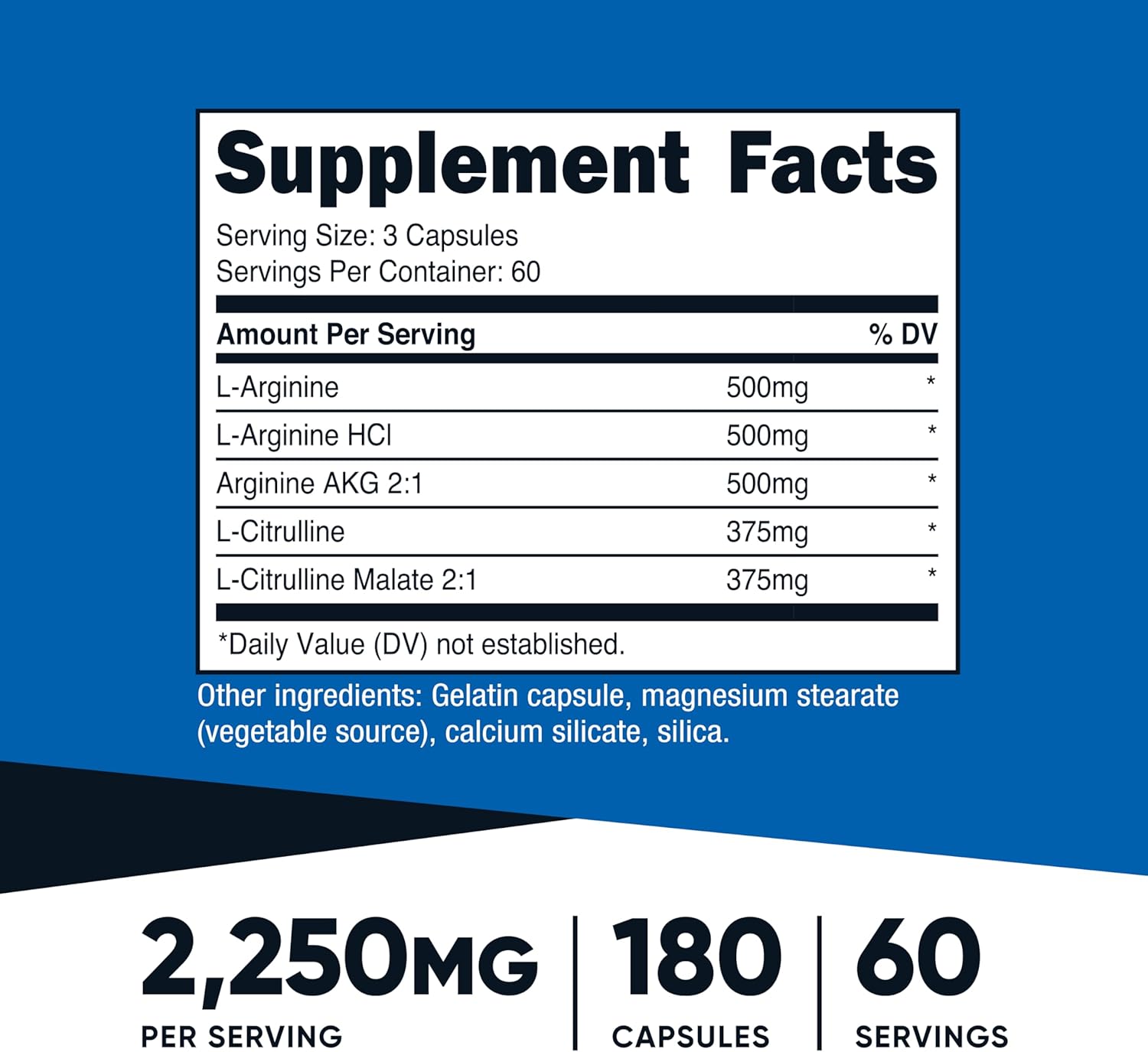 مکمل نیتریک اکساید و پمپ عضلانی Nutricost، 2250 میلی‌گرم، 60 وعده