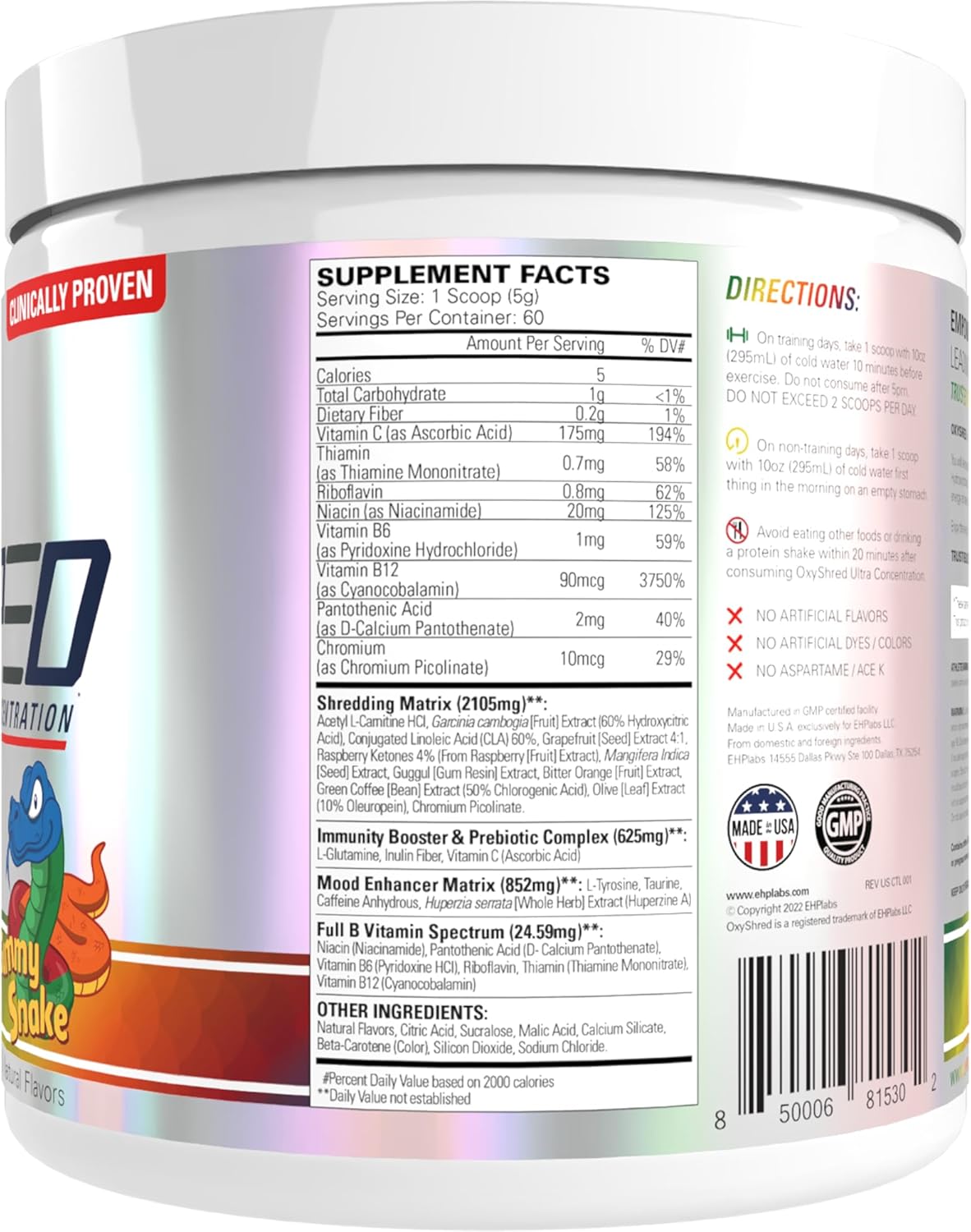 مکمل پری‌ورک‌اوت EHP LABS مدل OxyShred، 60 وعده، طعم پاستیل مار