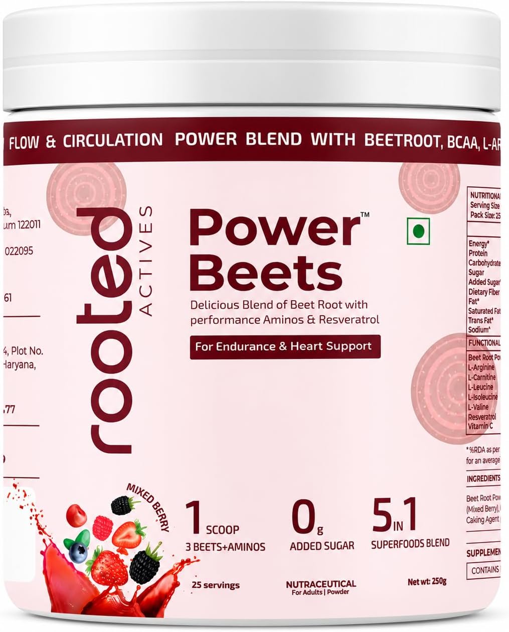 مکمل پری‌ورک‌اوت R ROOTED ACTIVE NATURALS مدل Power Beets، 250 گرم
