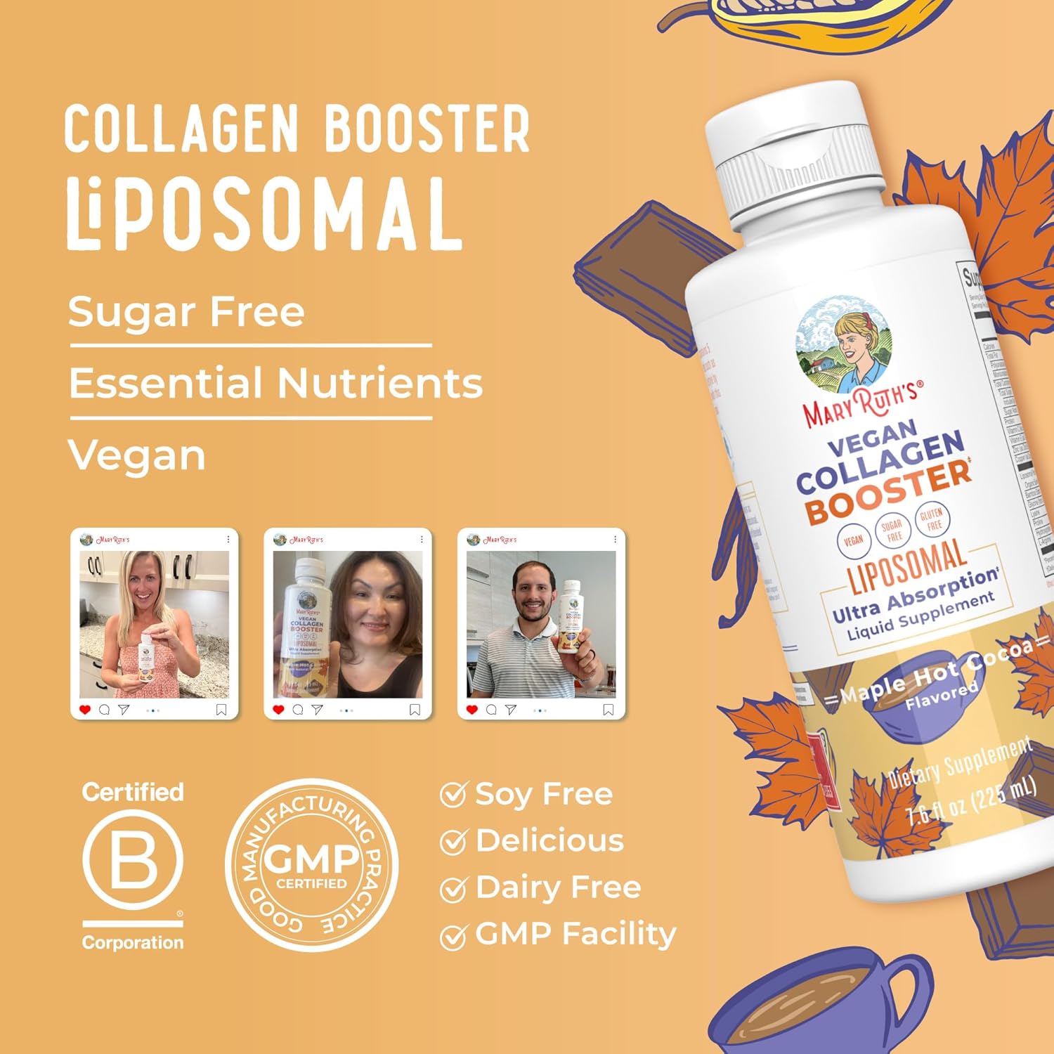 مکمل مایع کلاژن‌ساز MaryRuth Organics مدل Collagen Booster، 7.6 اونس، 250 میلی‌گرم، طعم هات‌چاکلت افرا