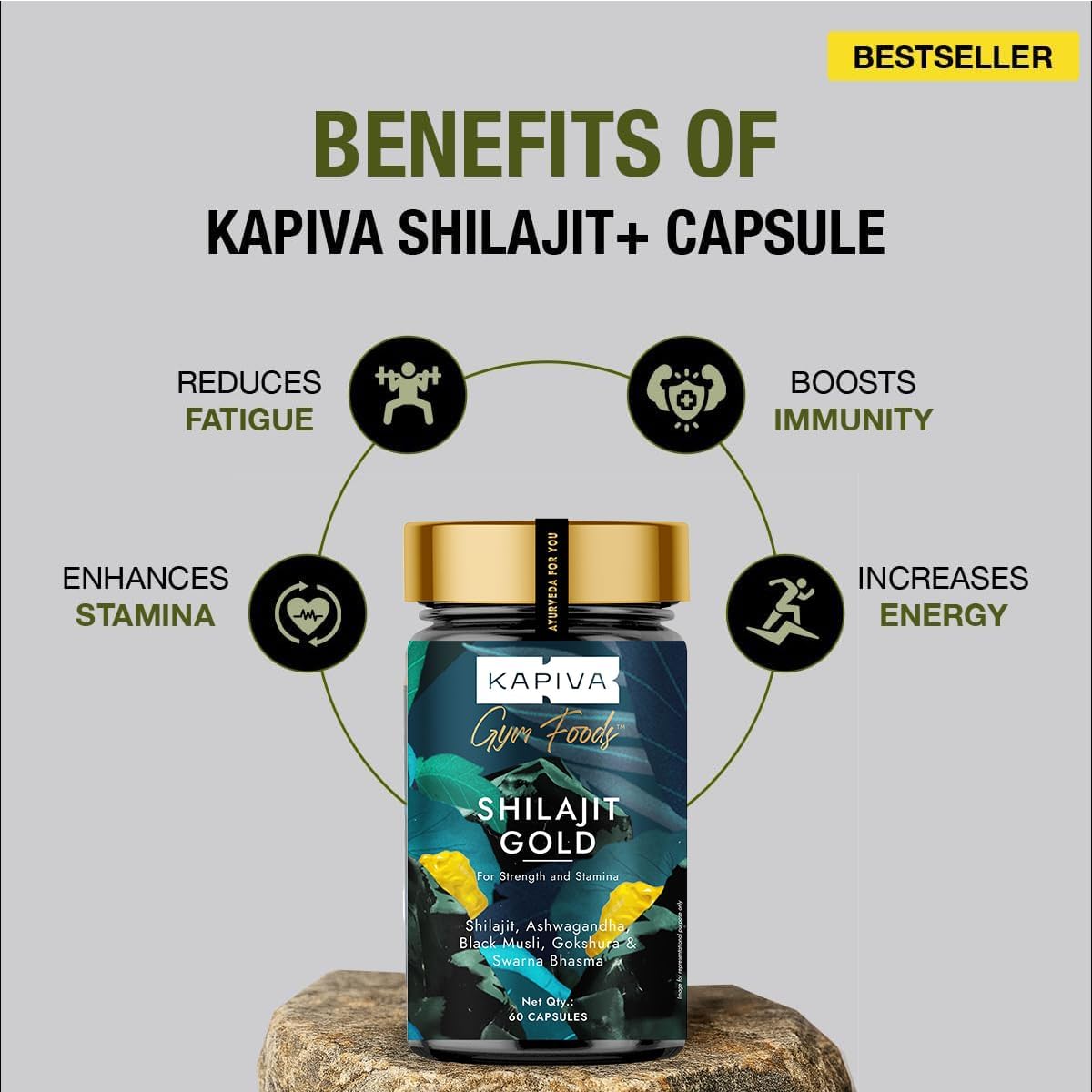 مکمل انرژی و استقامت Kapiva مدل Shilajit Gold، 1 بسته، 60 کپسول