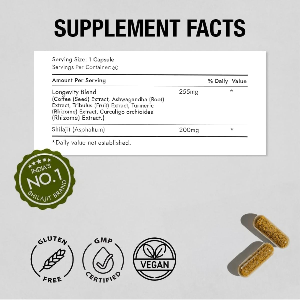 مکمل انرژی و استقامت Kapiva مدل Shilajit Gold، 1 بسته، 60 کپسول