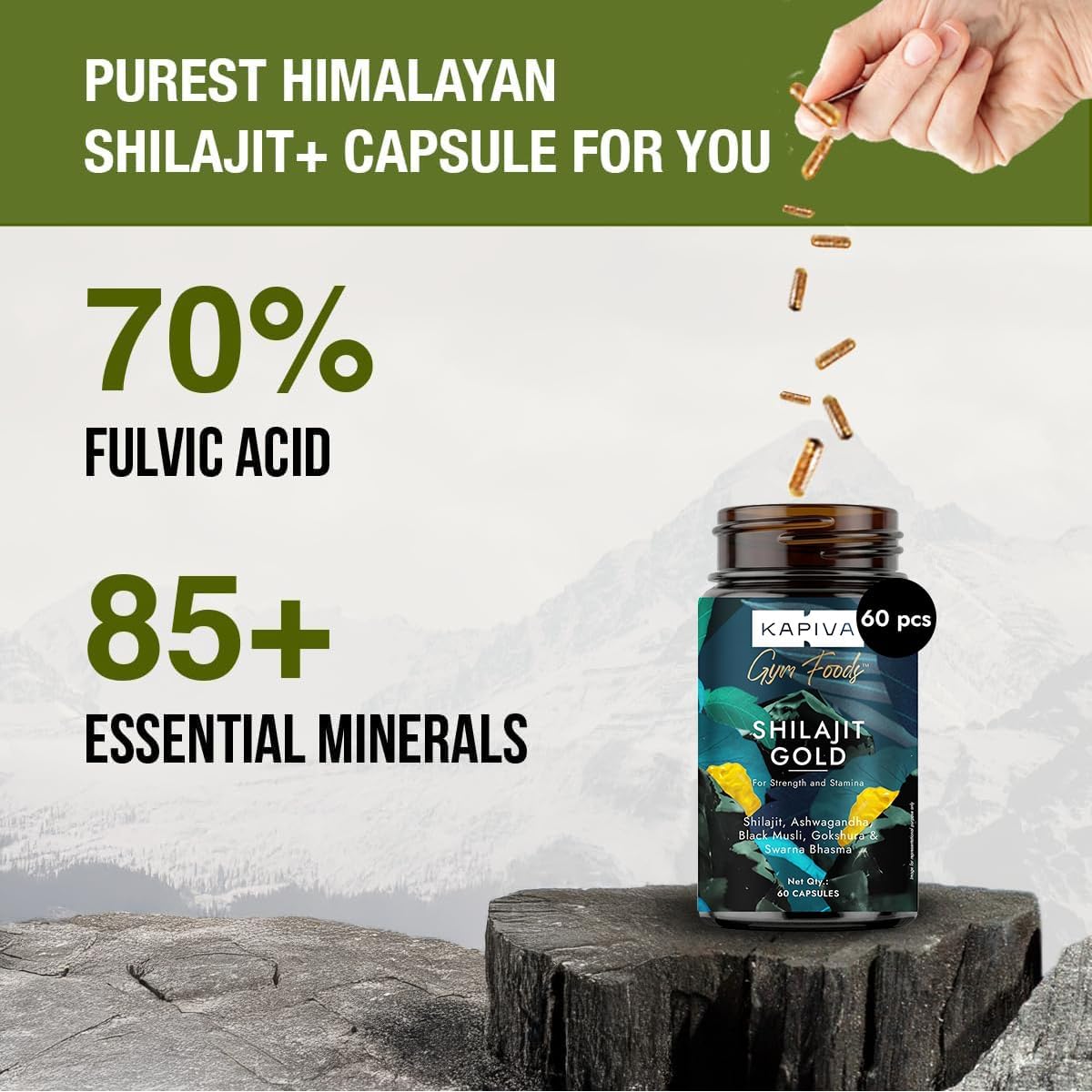 مکمل انرژی و استقامت Kapiva مدل Shilajit Gold، 1 بسته، 60 کپسول