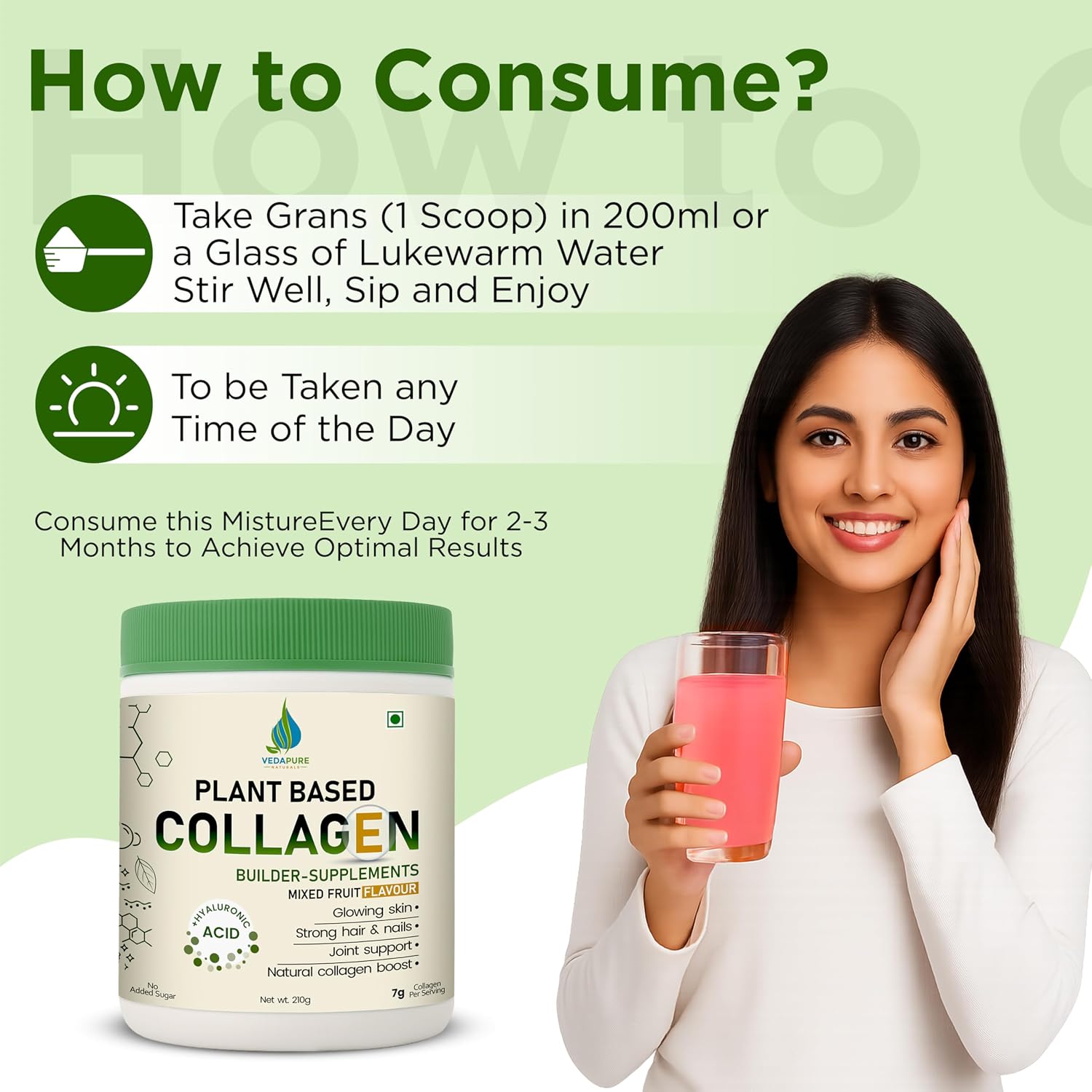 مکمل کلاژن‌ساز پوست، مو و مفاصل VEDAPURE مدل Collagen Booster، 210 گرم، طعم میوه‌های ترکیبی