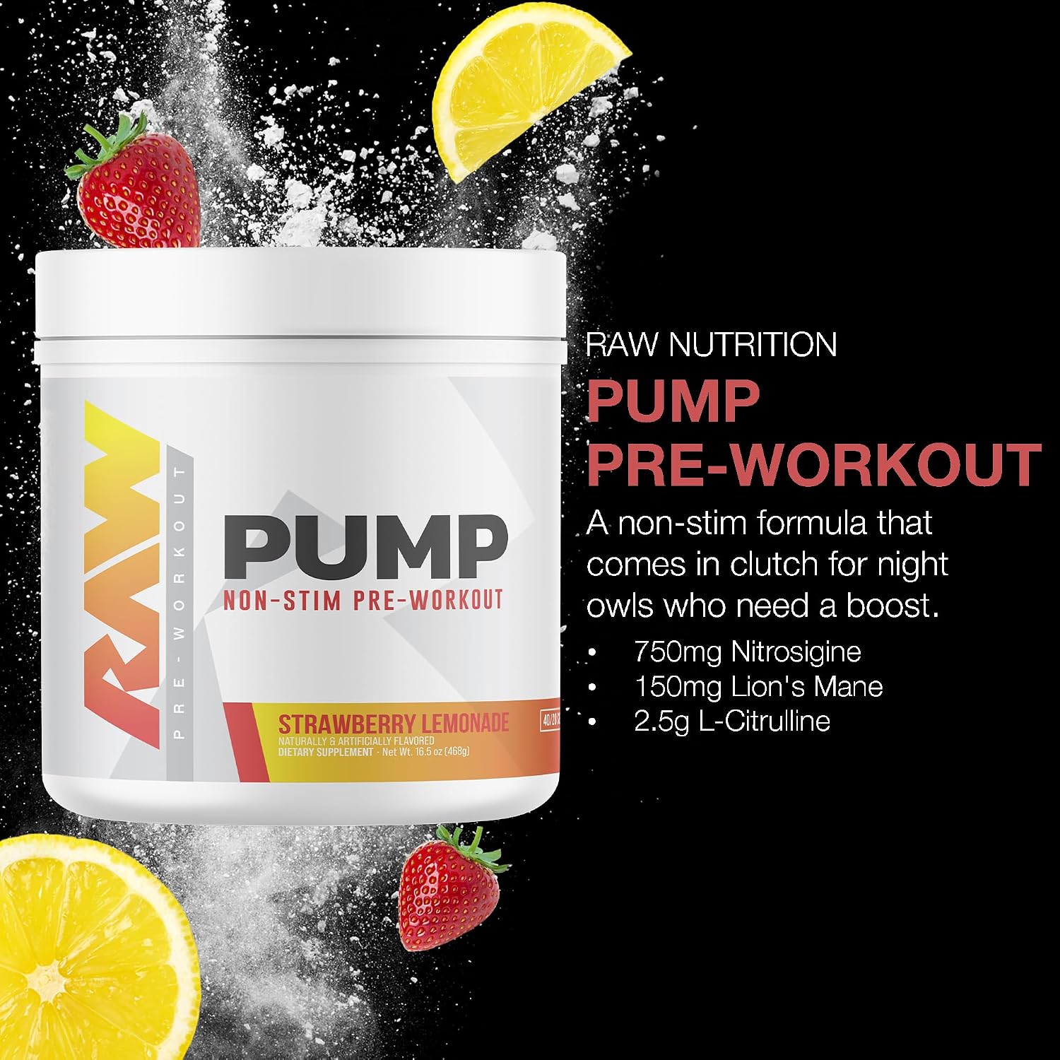 مکمل پری‌ورک‌اوت RAW مدل Pump، 40 وعده، طعم لیموناد توت‌فرنگی