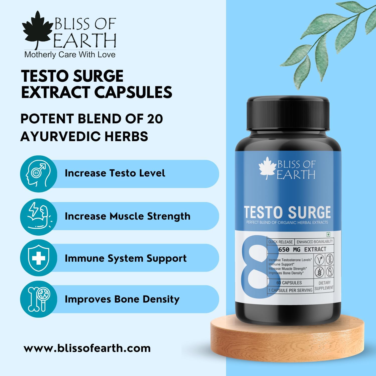 مکمل تقویت عملکرد مردان BLISS OF EARTH مدل Testo-Surge، 650 میلی‌گرم، 2 بسته