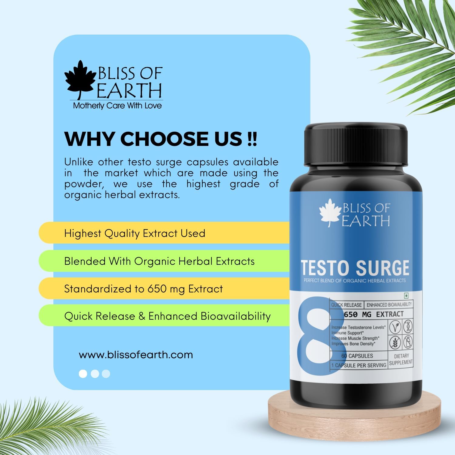 مکمل تقویت عملکرد مردان BLISS OF EARTH مدل Testo-Surge، 650 میلی‌گرم، 2 بسته