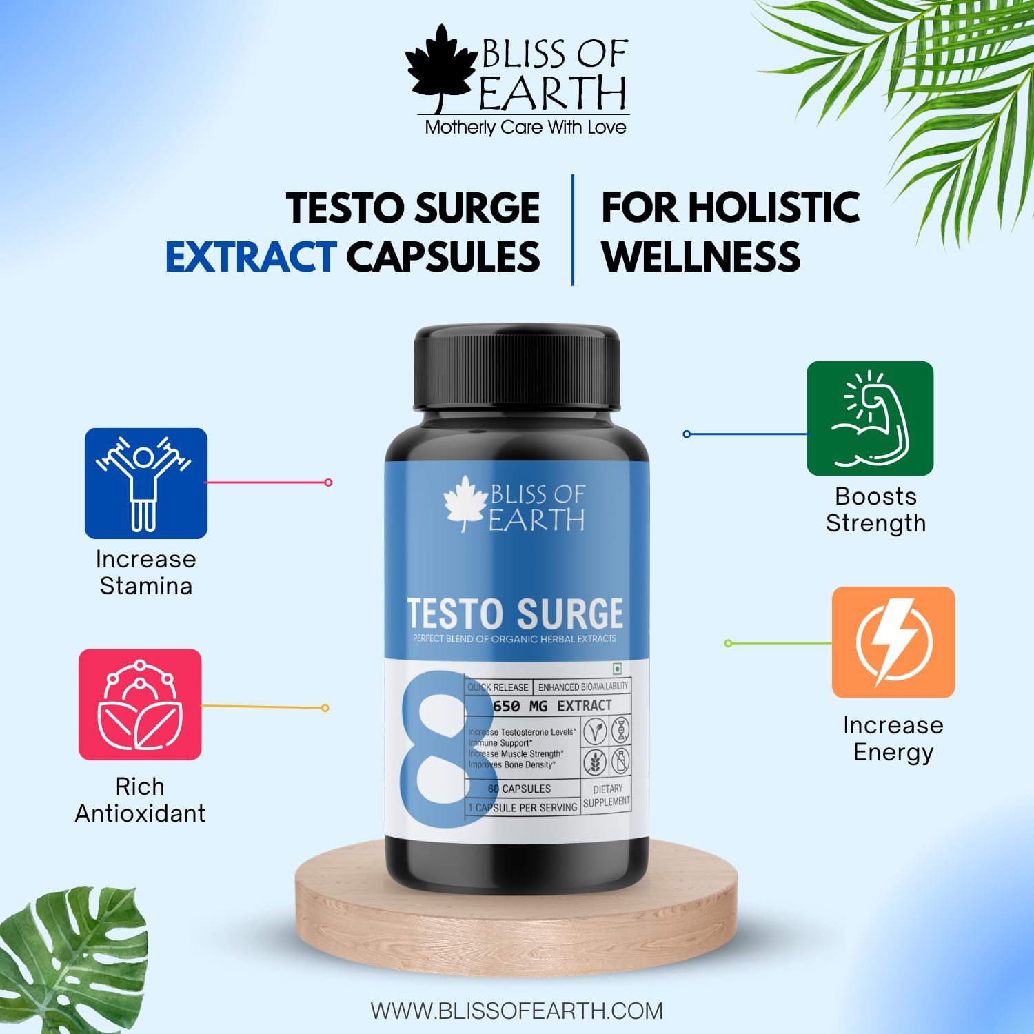 مکمل تقویت عملکرد مردان BLISS OF EARTH مدل Testo-Surge، 650 میلی‌گرم، 2 بسته