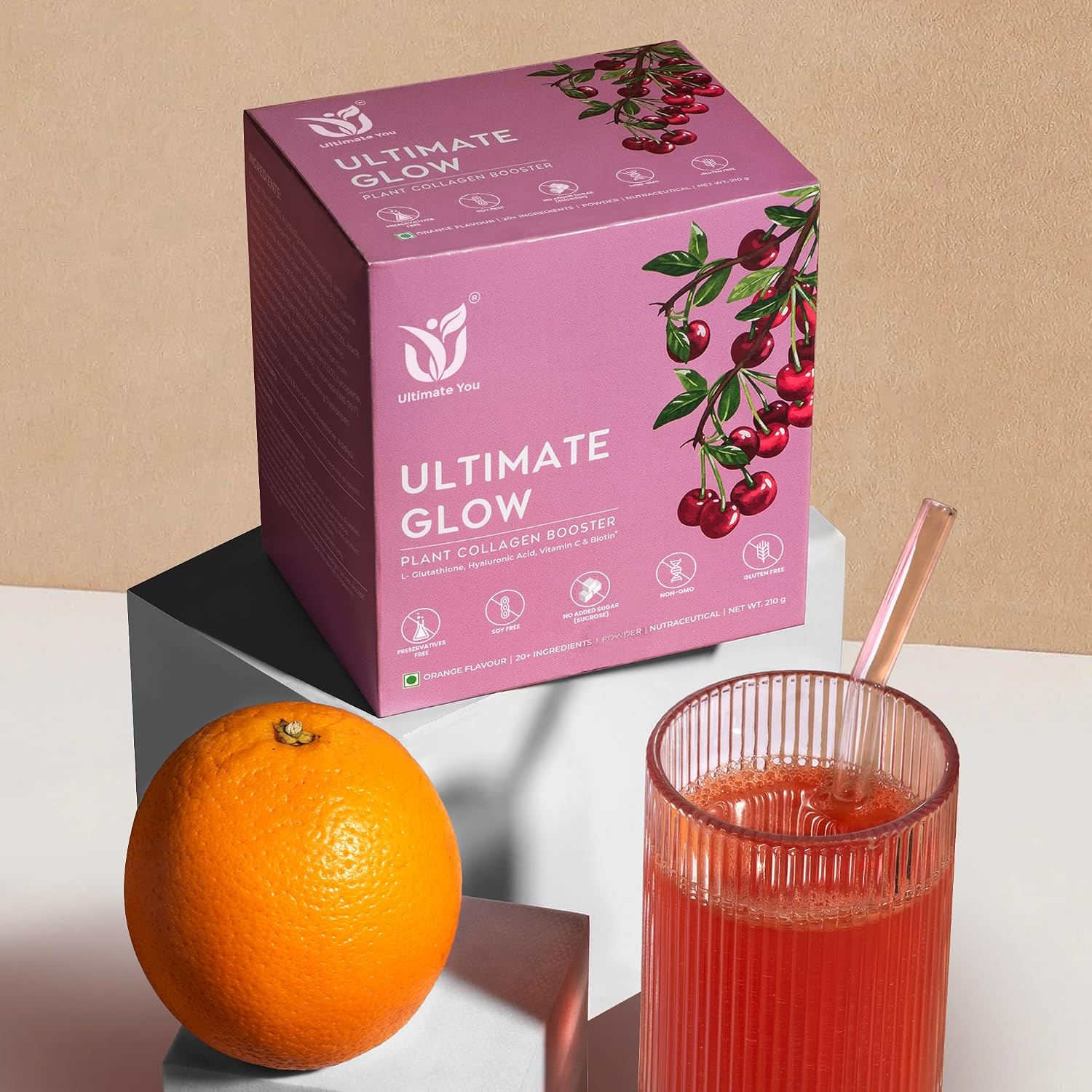 مکمل کلاژن‌ساز پوست، مو و مفاصل U Y ULTIMATE YOU مدل Ultimate Glow، 210 گرم، طعم پرتقال