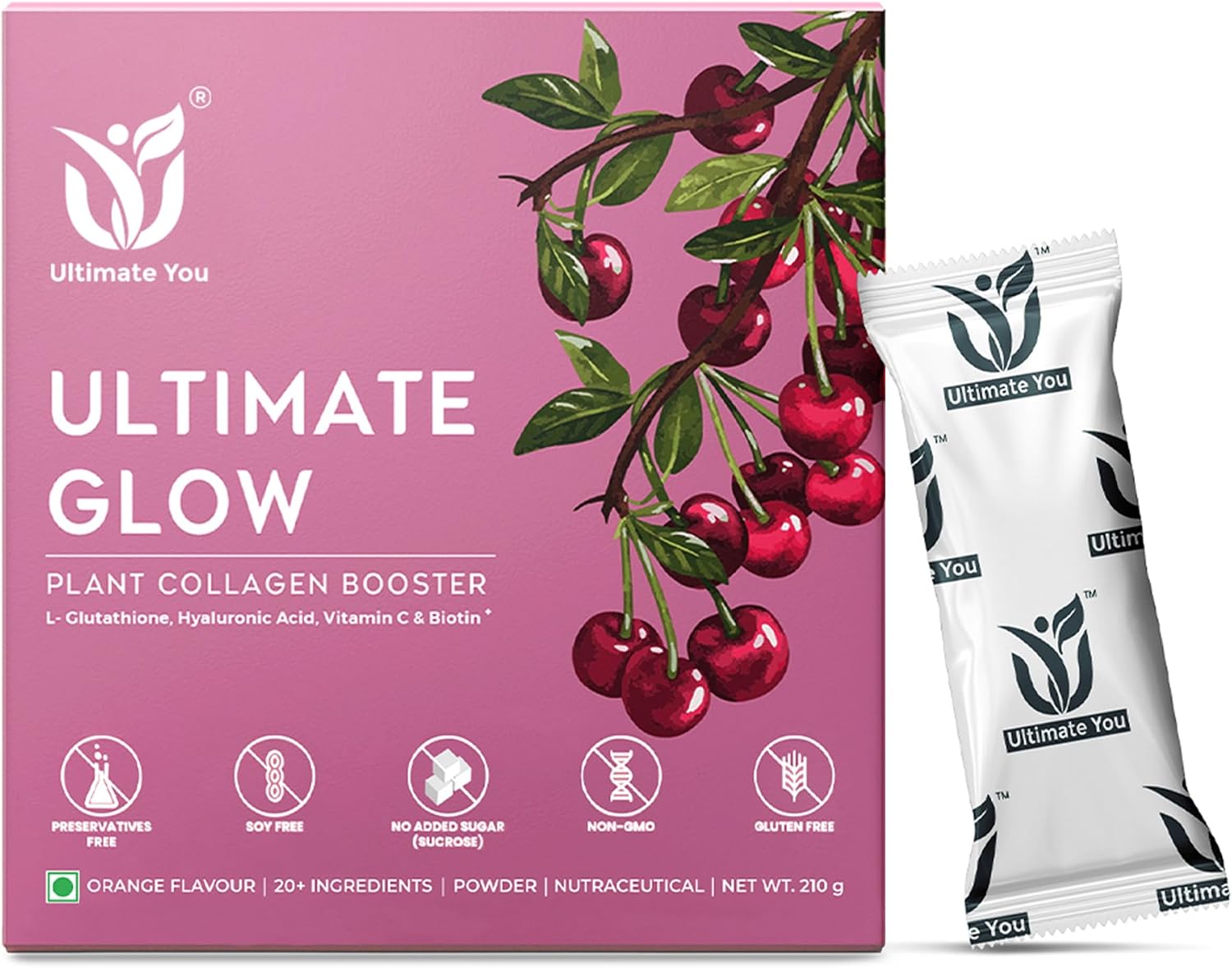مکمل کلاژن‌ساز پوست، مو و مفاصل U Y ULTIMATE YOU مدل Ultimate Glow، 210 گرم، طعم پرتقال