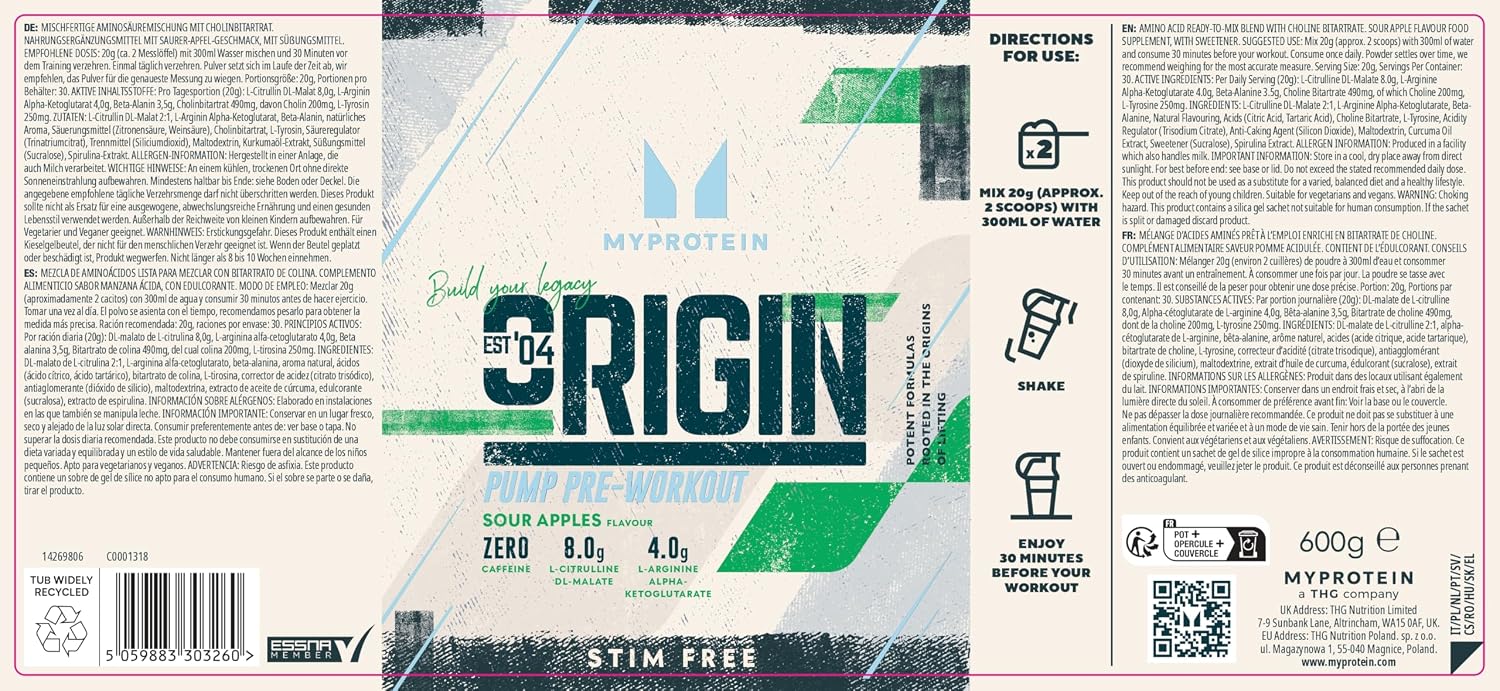مکمل پری‌ورک‌اوت Myprotein مدل Origin Stim Free، 600 گرم، طعم سیب ترش