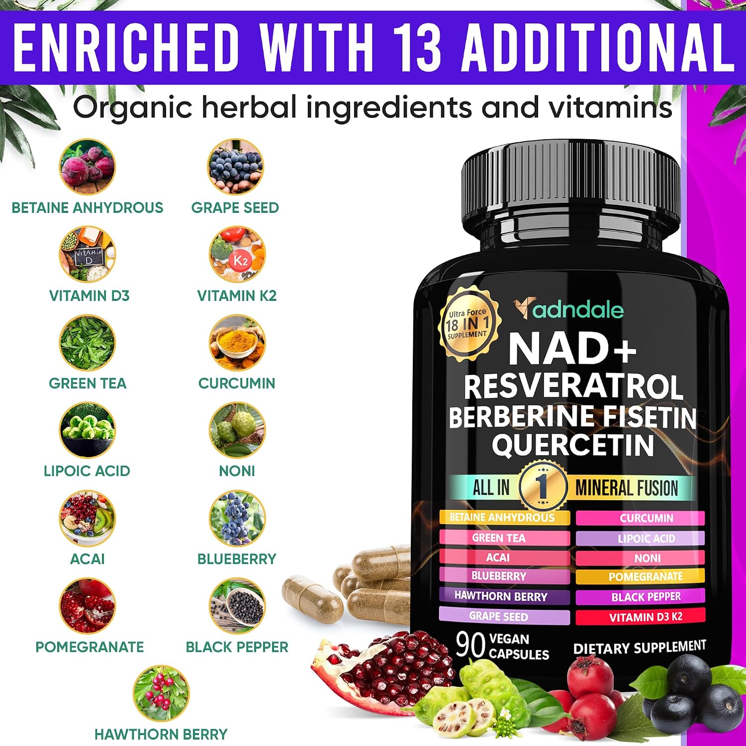 مکمل NAD+ و انرژی سلولی Adndale، 300 میلی‌گرم، 90 کپسول، طعم انگور