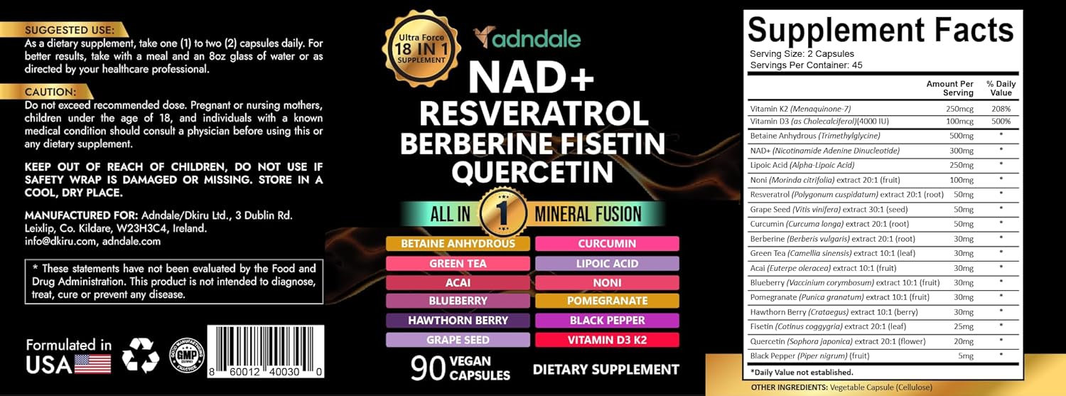مکمل NAD+ و انرژی سلولی Adndale، 300 میلی‌گرم، 90 کپسول، طعم انگور