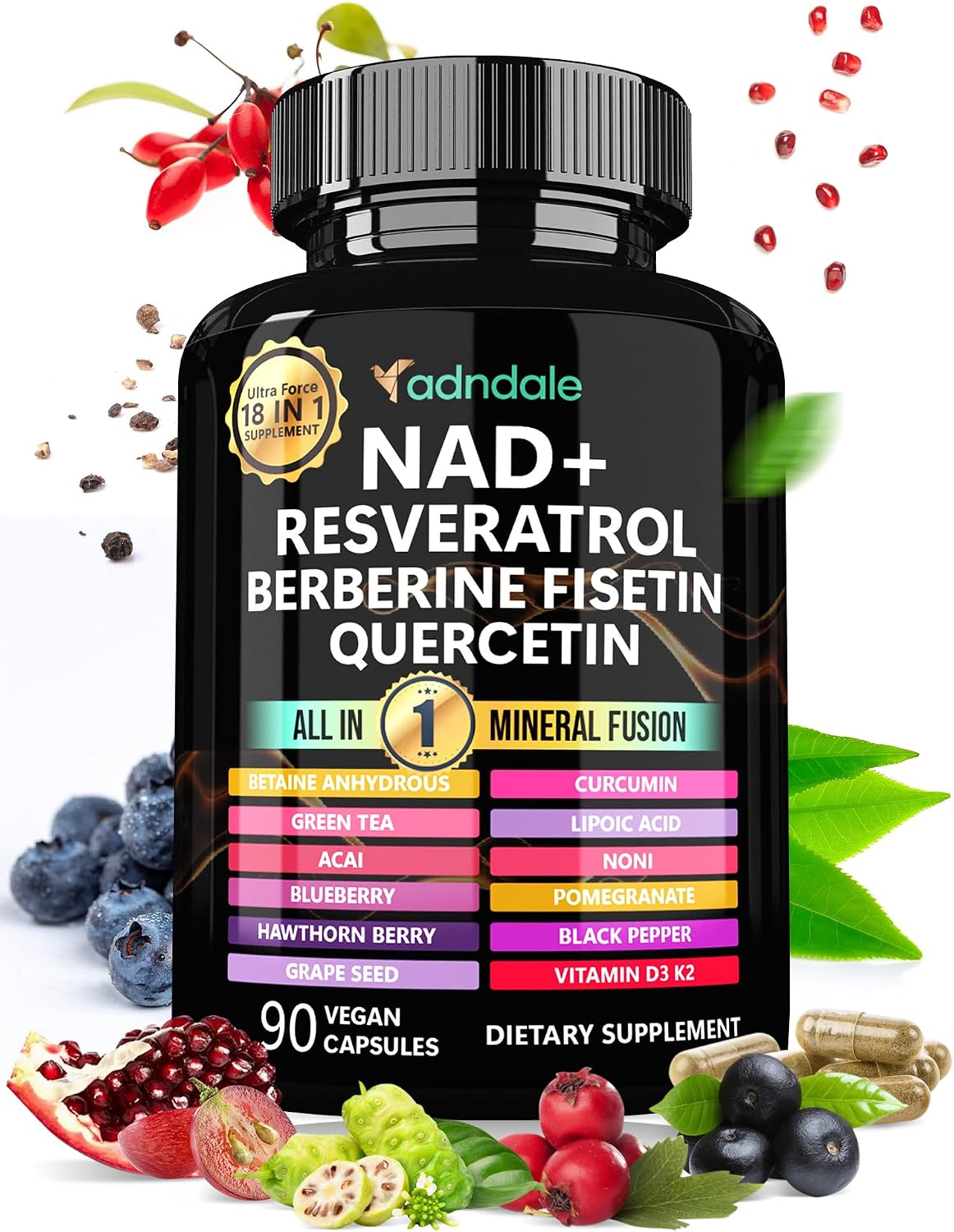 مکمل NAD+ و انرژی سلولی Adndale، 300 میلی‌گرم، 90 کپسول، طعم انگور