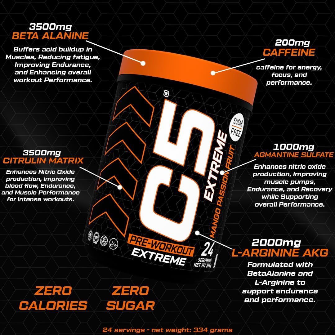 مکمل پری‌ورک‌اوت C5 مدل Extreme، 200 میلی‌گرم، 24 وعده، طعم انبه و پشن‌فروت
