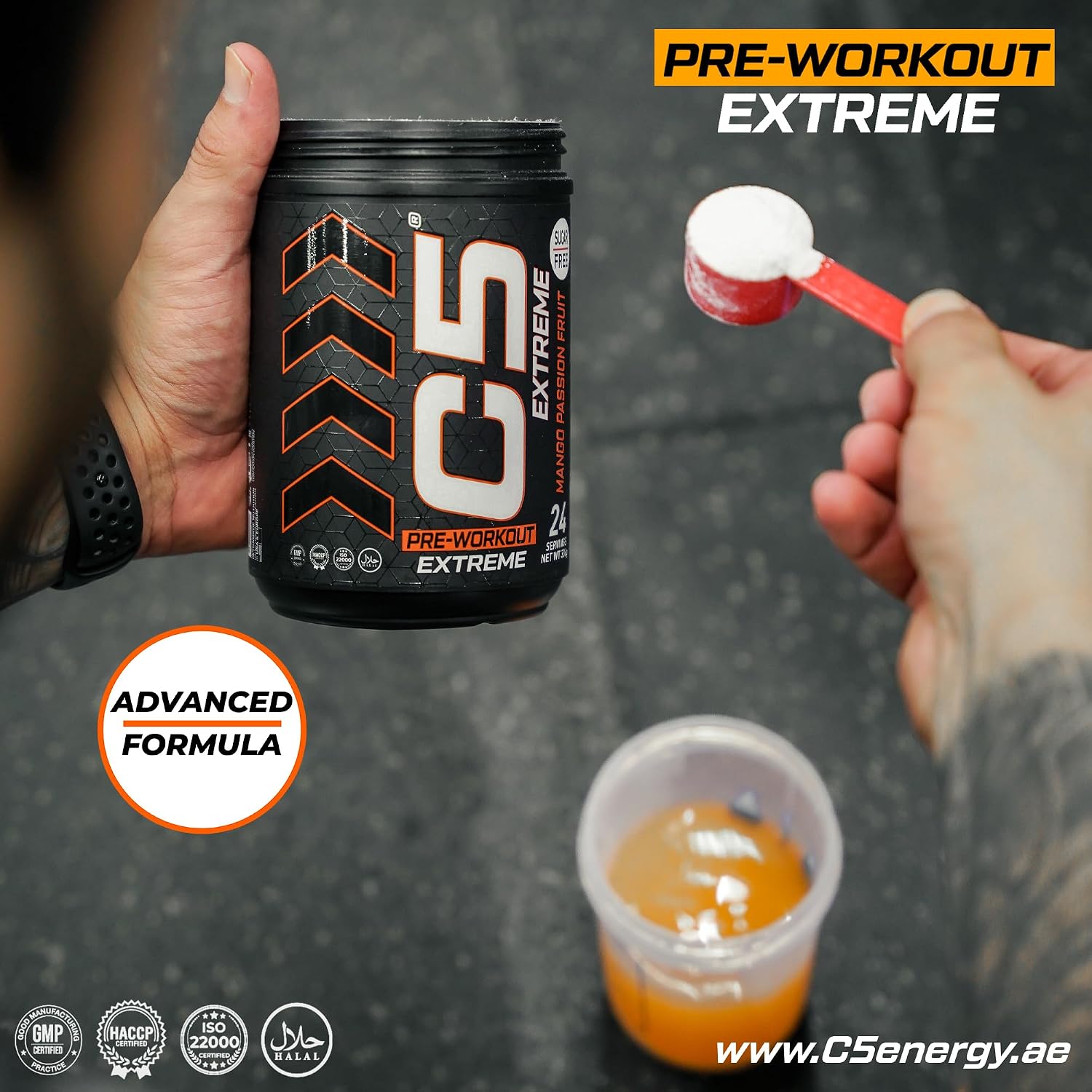 مکمل پری‌ورک‌اوت C5 مدل Extreme، 200 میلی‌گرم، 24 وعده، طعم انبه و پشن‌فروت