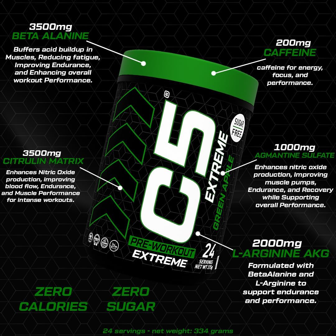 مکمل پری‌ورک‌اوت C5 مدل Extreme، 200 میلی‌گرم، 24 وعده، طعم سیب سبز