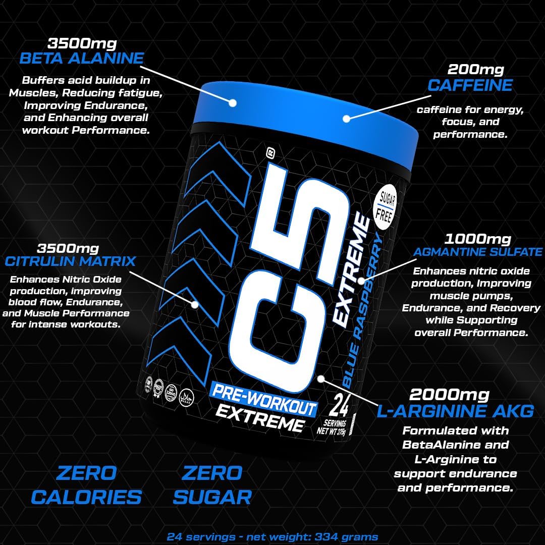 مکمل پری‌ورک‌اوت C5 مدل Extreme، 200 میلی‌گرم، 24 وعده، طعم تمشک آبی