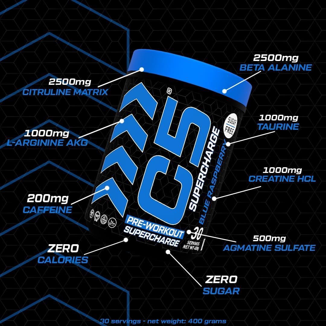 مکمل پری‌ورک‌اوت C5 مدل Supercharge، 200 میلی‌گرم، 30 وعده، طعم تمشک آبی
