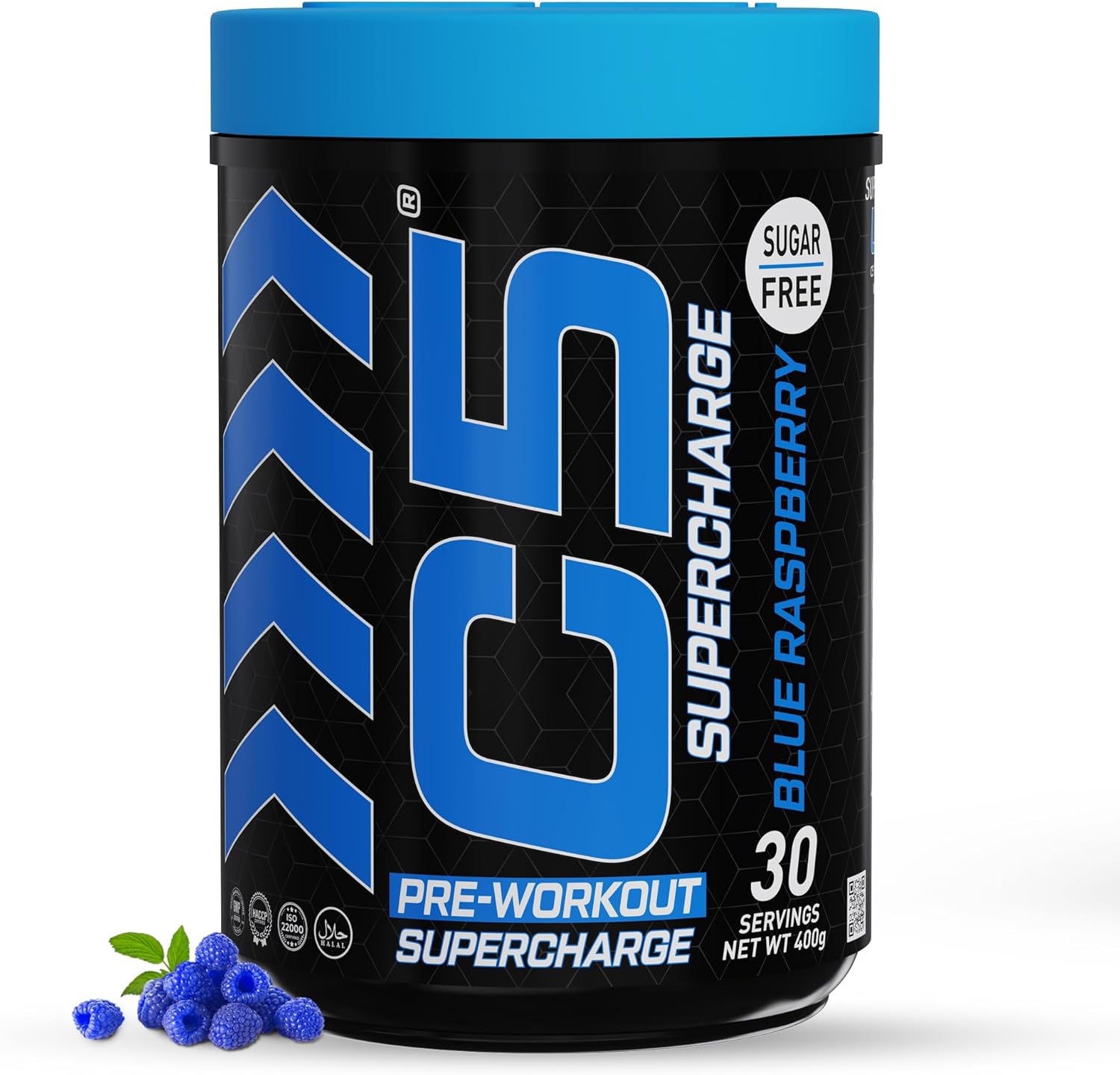 مکمل پری‌ورک‌اوت C5 مدل Supercharge، 200 میلی‌گرم، 30 وعده، طعم تمشک آبی