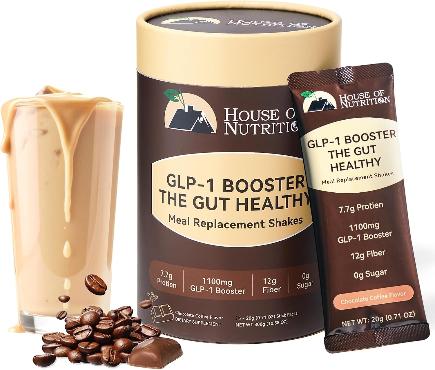 مکمل فیبر و پشتیبانی طبیعی GLP-1 House of Nutrition مدل GLP-1 Booster، 12 گرم، 10.58 اونس، طعم قهوه شکلاتی