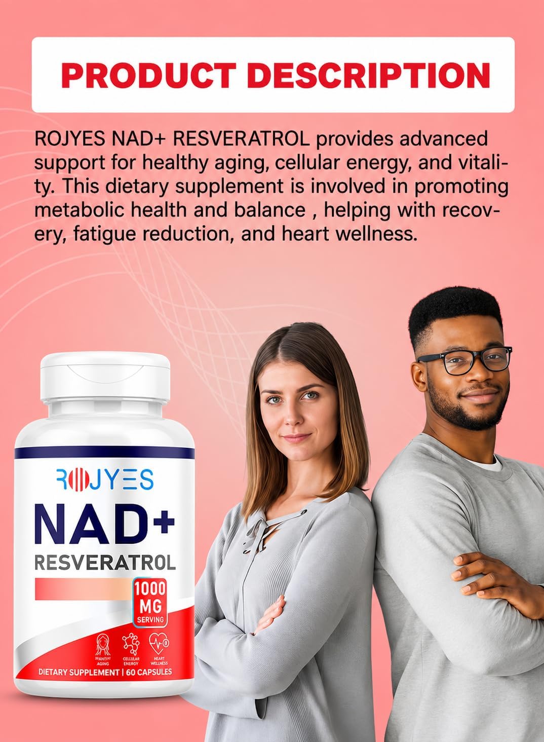 مکمل NAD+ و انرژی سلولی Rojyes، 60 کپسول