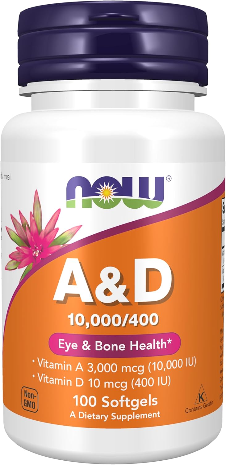NOW، مکمل ویتامین A و D، 10,000 IU و 400 IU، 100 سافت‌ژل