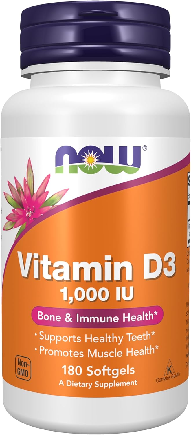 NOW، مکمل ویتامین D3، 1000 IU، 180 سافت‌ژل