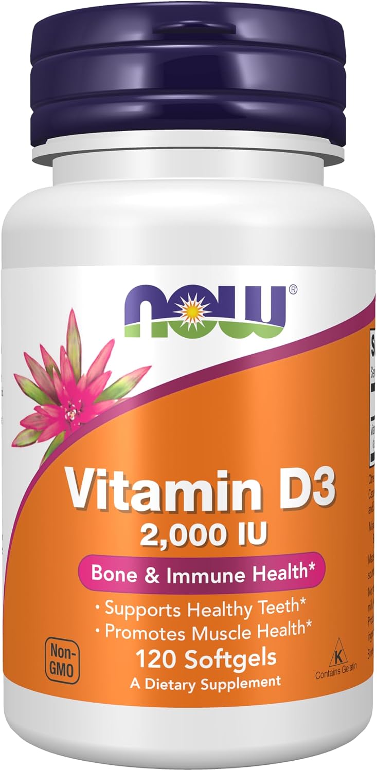 NOW، مکمل ویتامین D3، 2000 IU، 120 سافت‌ژل