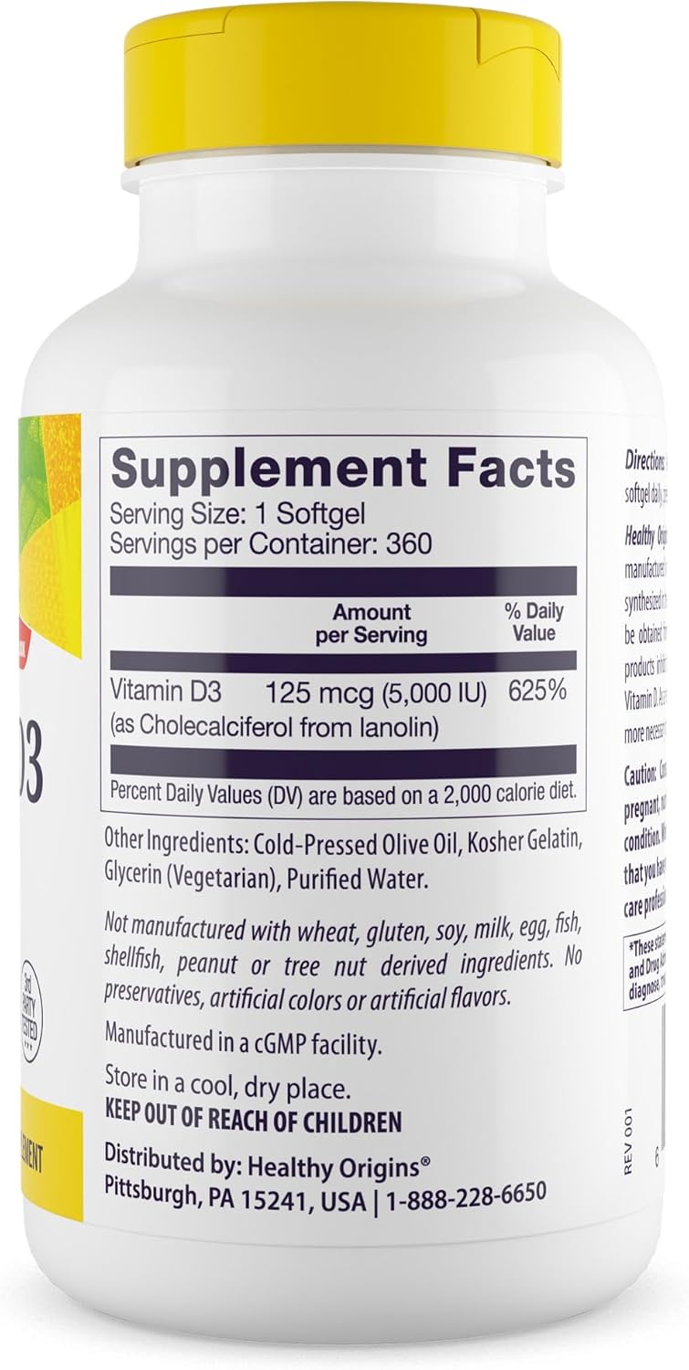 Healthy Origins، مکمل ویتامین D3، 5,000 IU، 360 سافت‌ژل