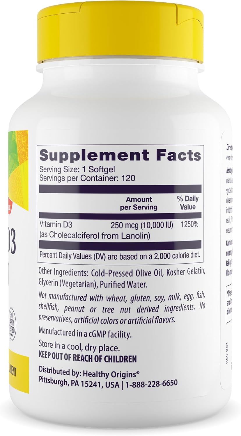 Healthy Origins، مکمل ویتامین D3، 10,000 IU، 120 عدد