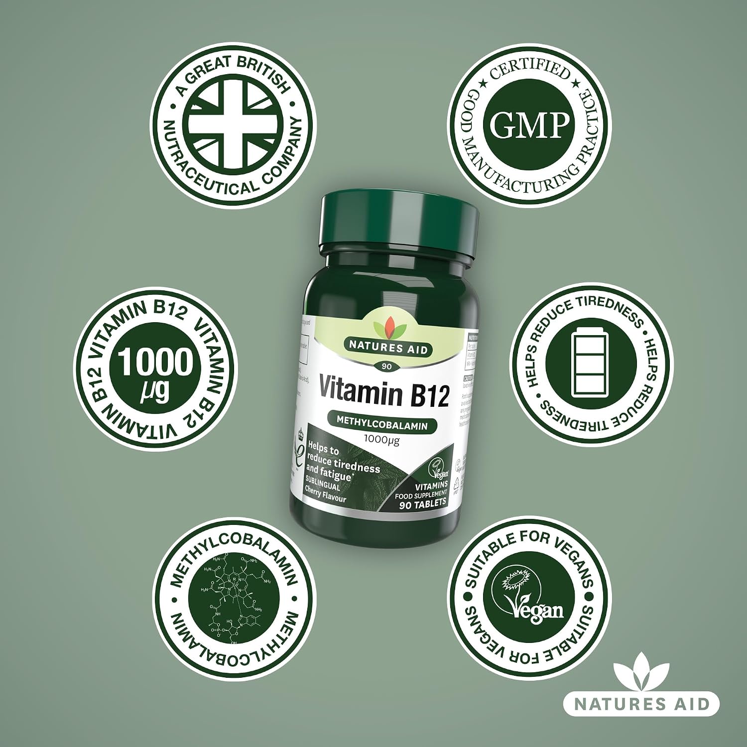 Natures Aid، مکمل ویتامین B12، 1000 میکروگرم، 90 قرص