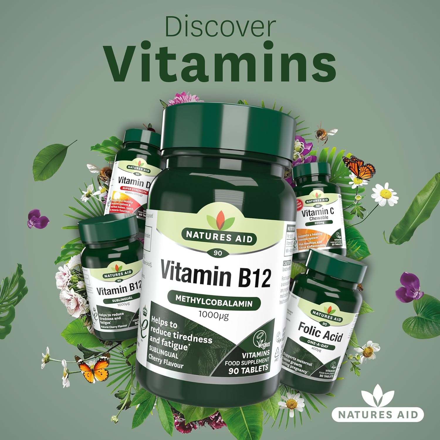 Natures Aid، مکمل ویتامین B12، 1000 میکروگرم، 90 قرص
