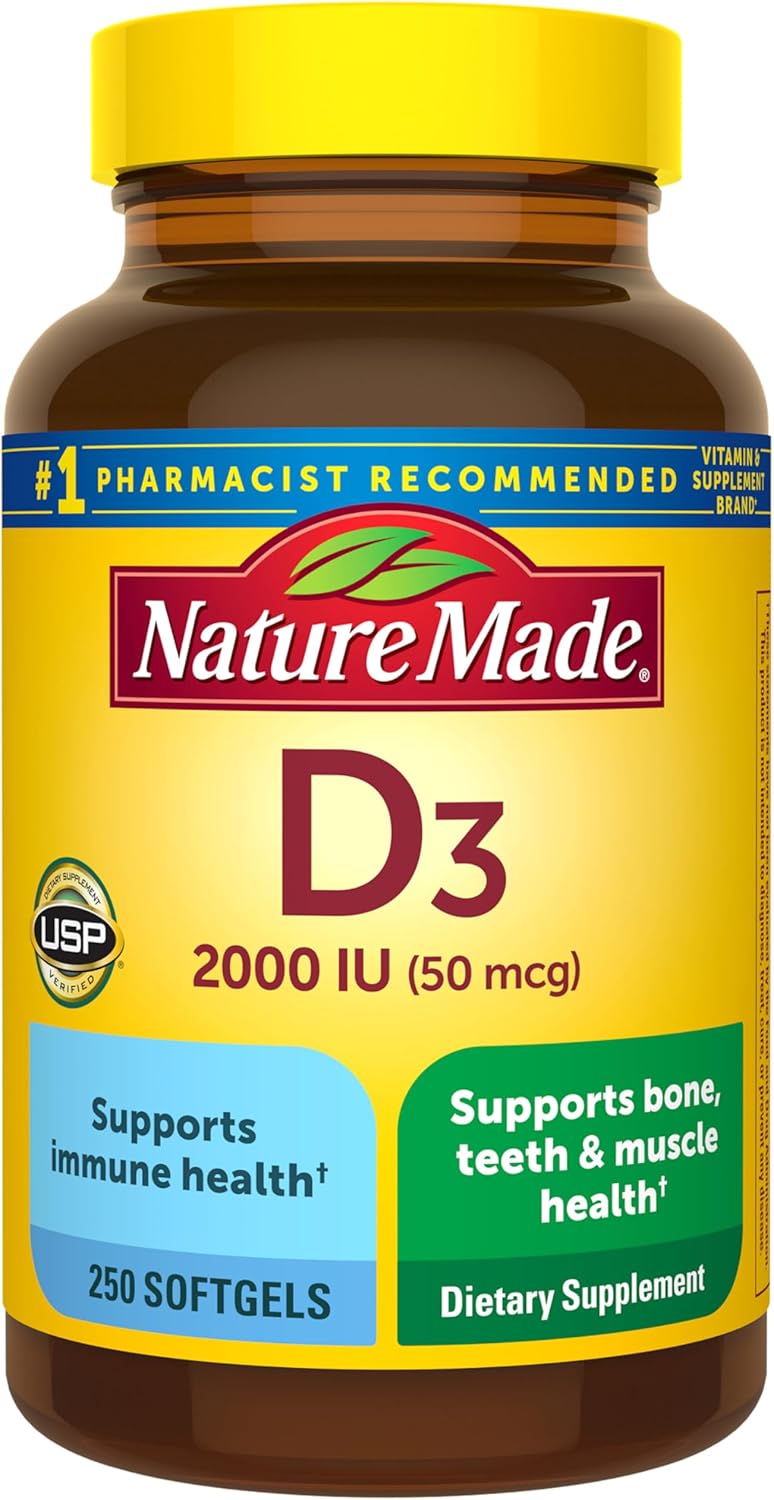 Nature Made، مکمل ویتامین D3، 2000 IU و 50 میکروگرم، 250 سافت‌ژل