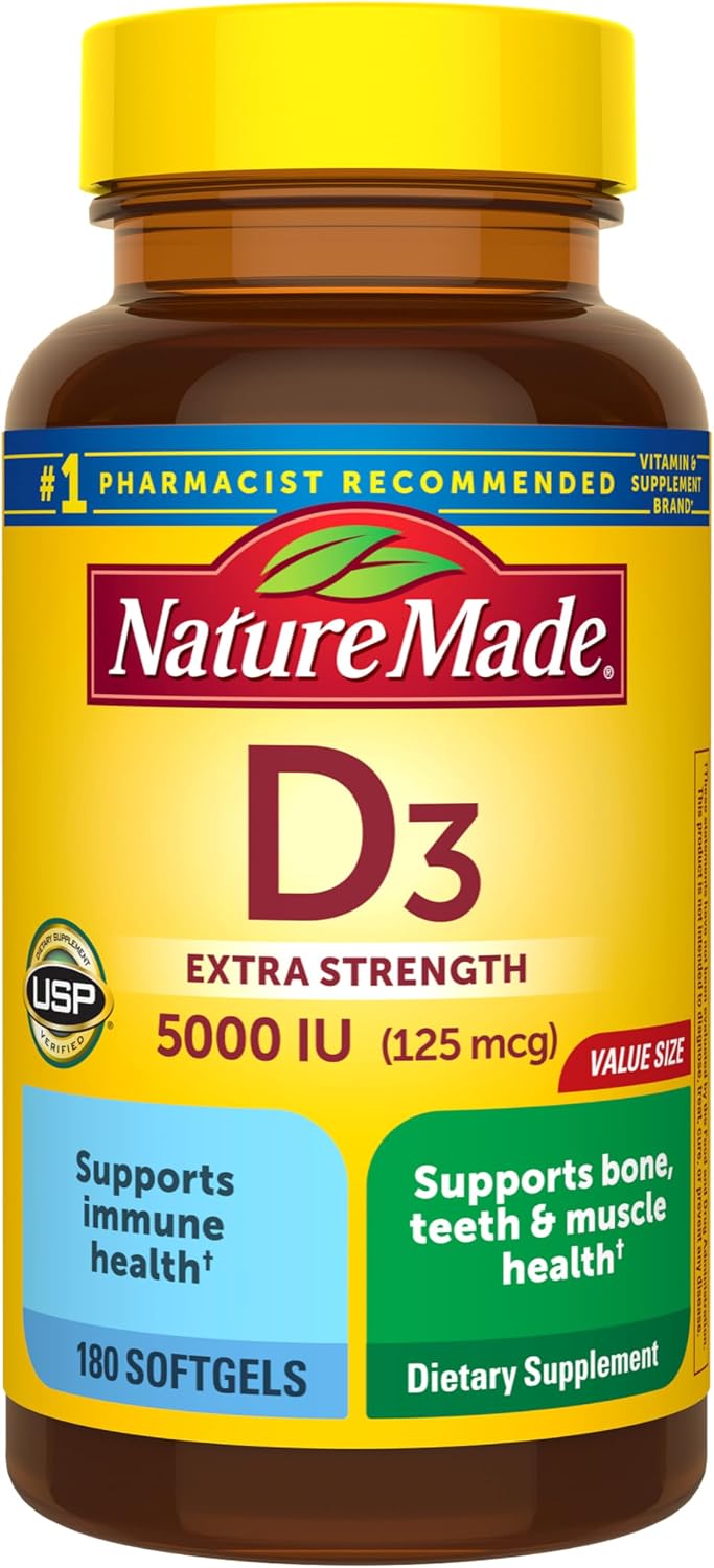 Nature Made، مکمل ویتامین D3، 5000 IU و 125 میکروگرم، 180 سافت‌ژل