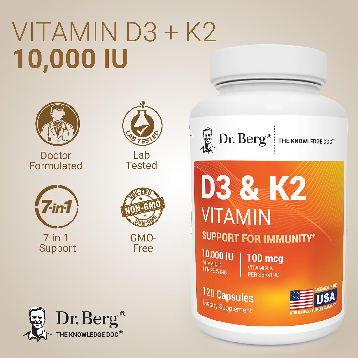 Dr. Berg Nutritionals، مکمل ویتامین و مواد معدنی، مدل D3 & K2، 120 کپسول