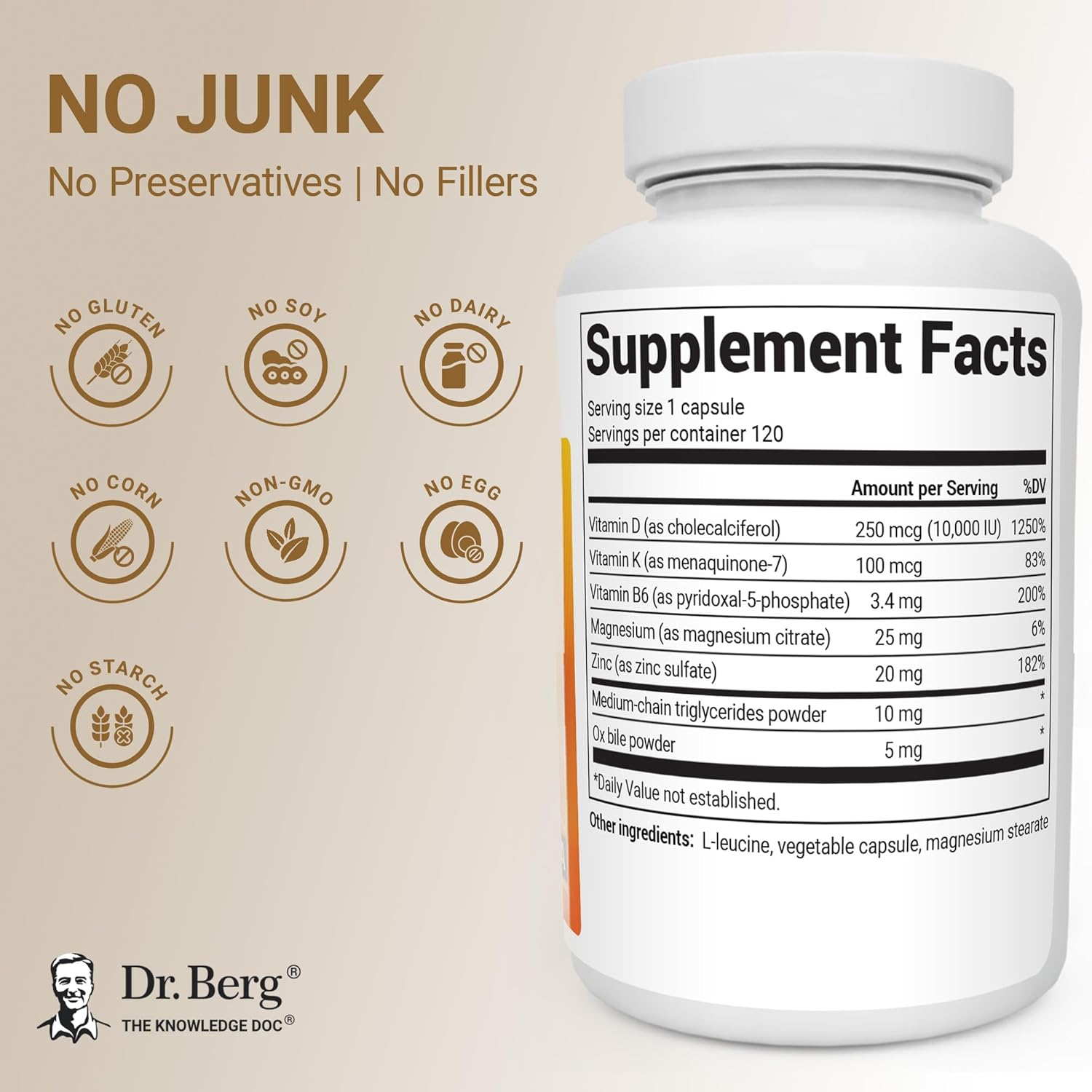 Dr. Berg Nutritionals، مکمل ویتامین و مواد معدنی، مدل D3 & K2، 120 کپسول