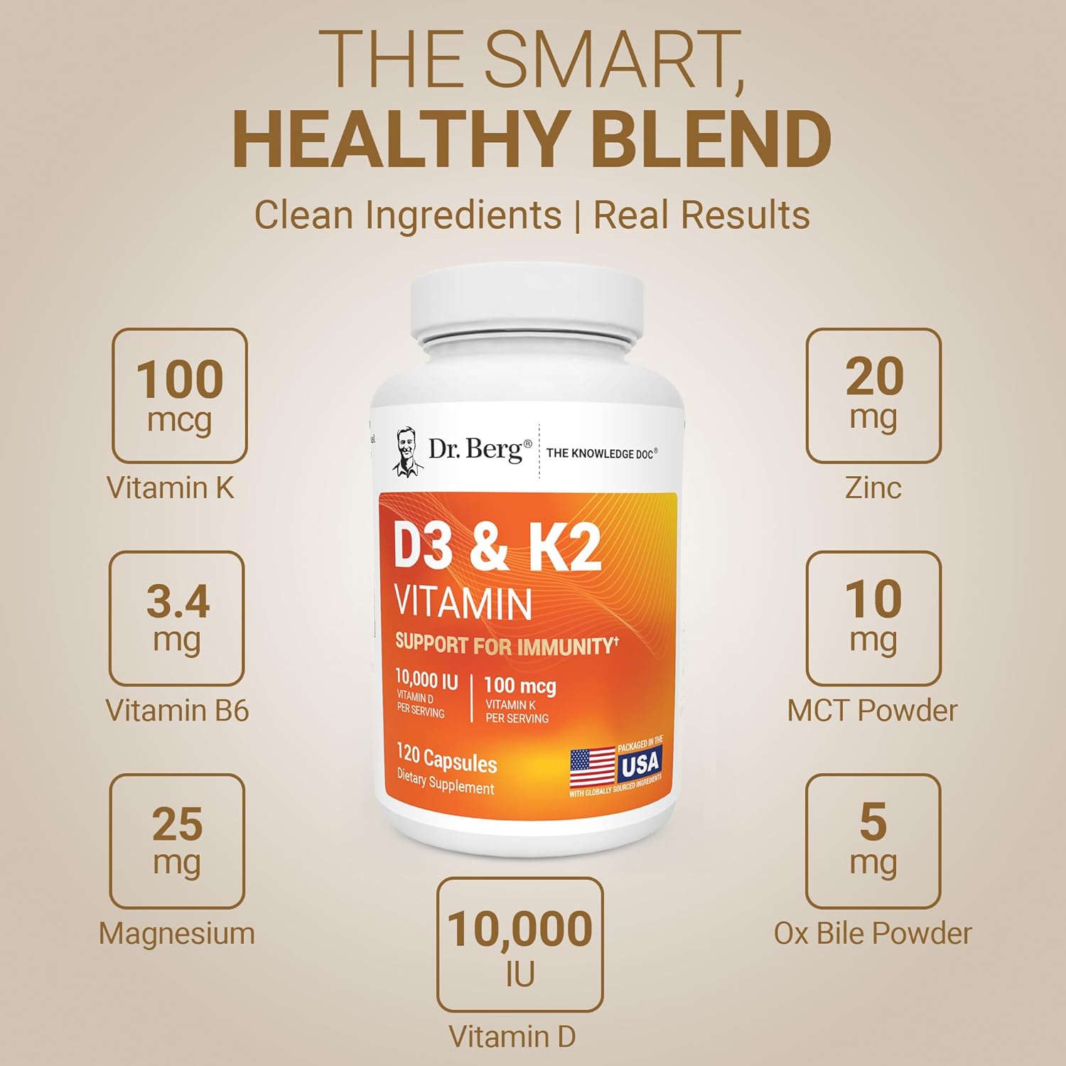 Dr. Berg Nutritionals، مکمل ویتامین و مواد معدنی، مدل D3 & K2، 120 کپسول