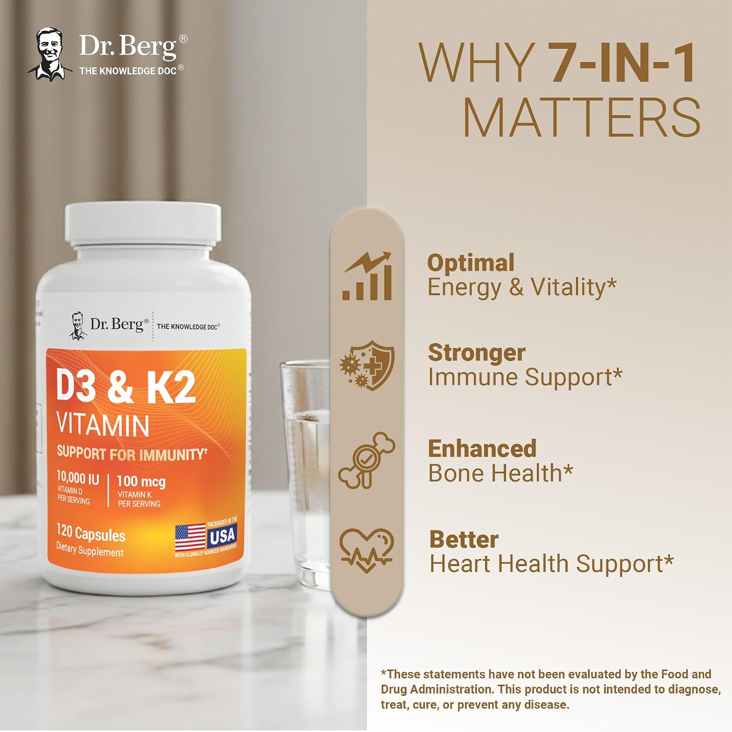 Dr. Berg Nutritionals، مکمل ویتامین و مواد معدنی، مدل D3 & K2، 120 کپسول