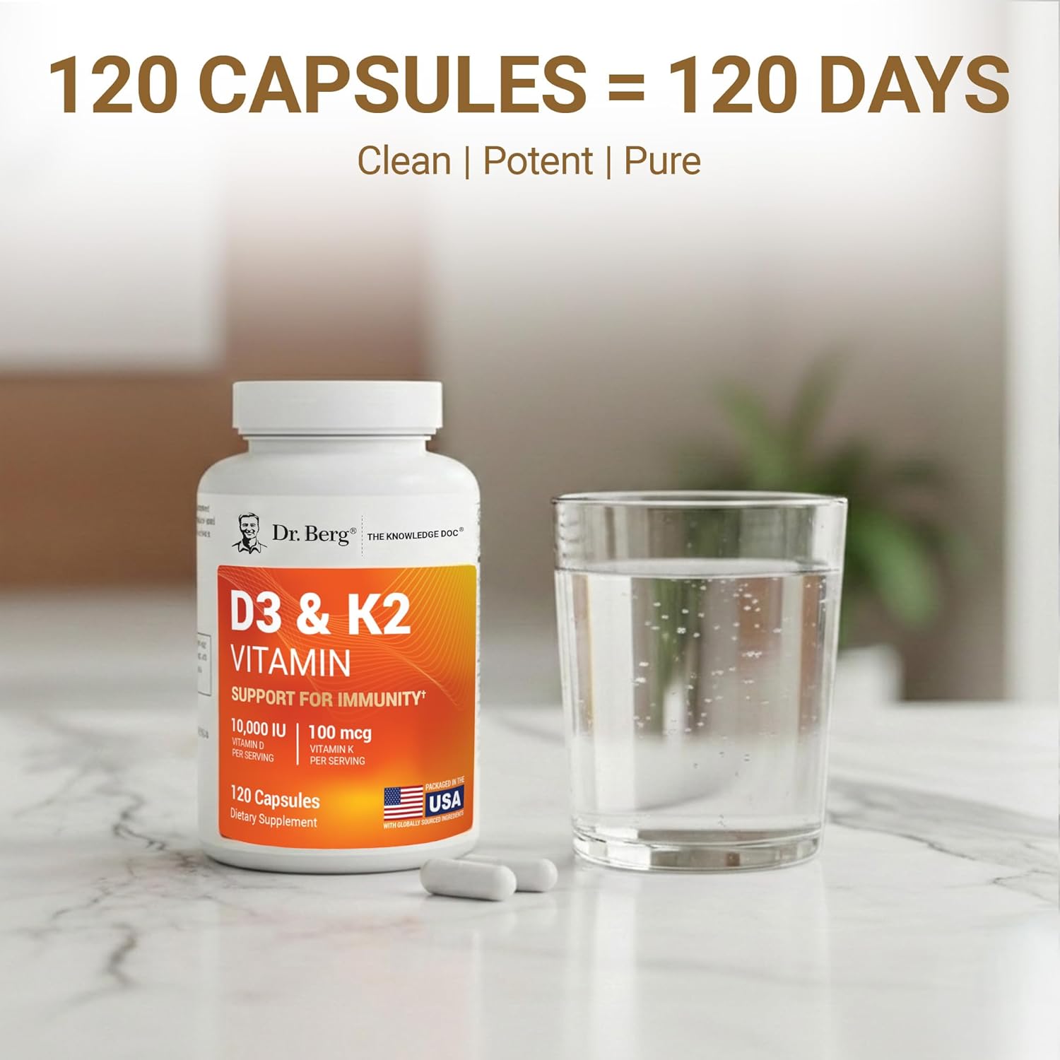 Dr. Berg Nutritionals، مکمل ویتامین و مواد معدنی، مدل D3 & K2، 120 کپسول