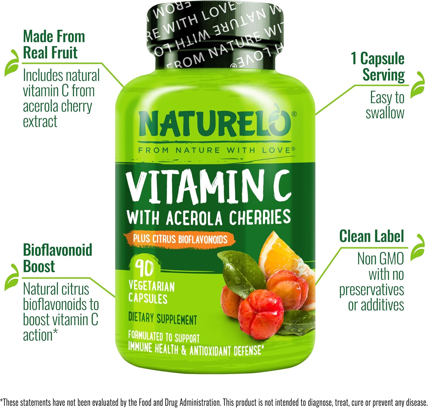 NATURELO، مکمل ویتامین C، 500 میلی‌گرم، 90 کپسول، طعم گیلاس