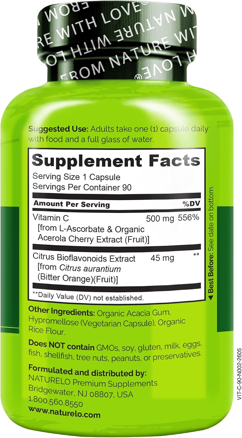 NATURELO، مکمل ویتامین C، 500 میلی‌گرم، 90 کپسول، طعم گیلاس